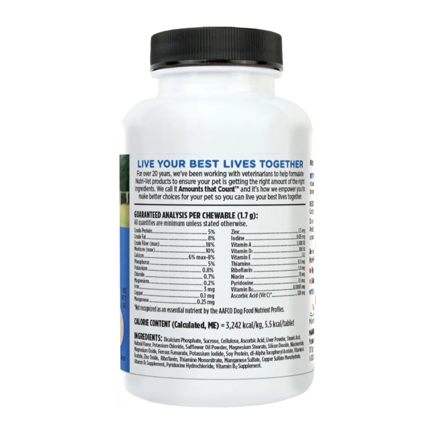 Nutri-Vet Multi-Vite Chewables for adult dogs, daily vitamins in chew form, showing the bottle and colorful tablets.