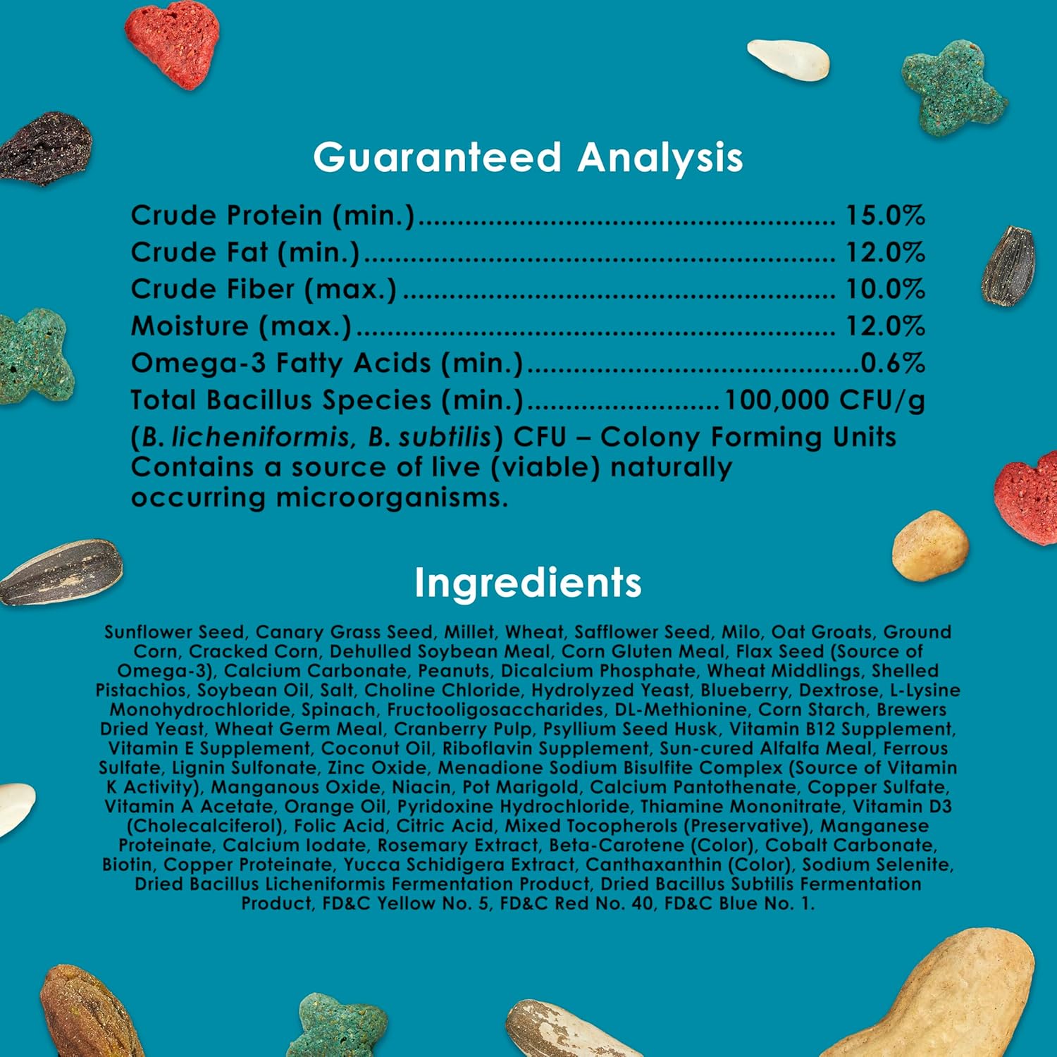 Kaytee Forti-Diet Pro Health Nourish+Protect bird food bag for conures and lovebirds, featuring colorful bird seed and pellet mix.
