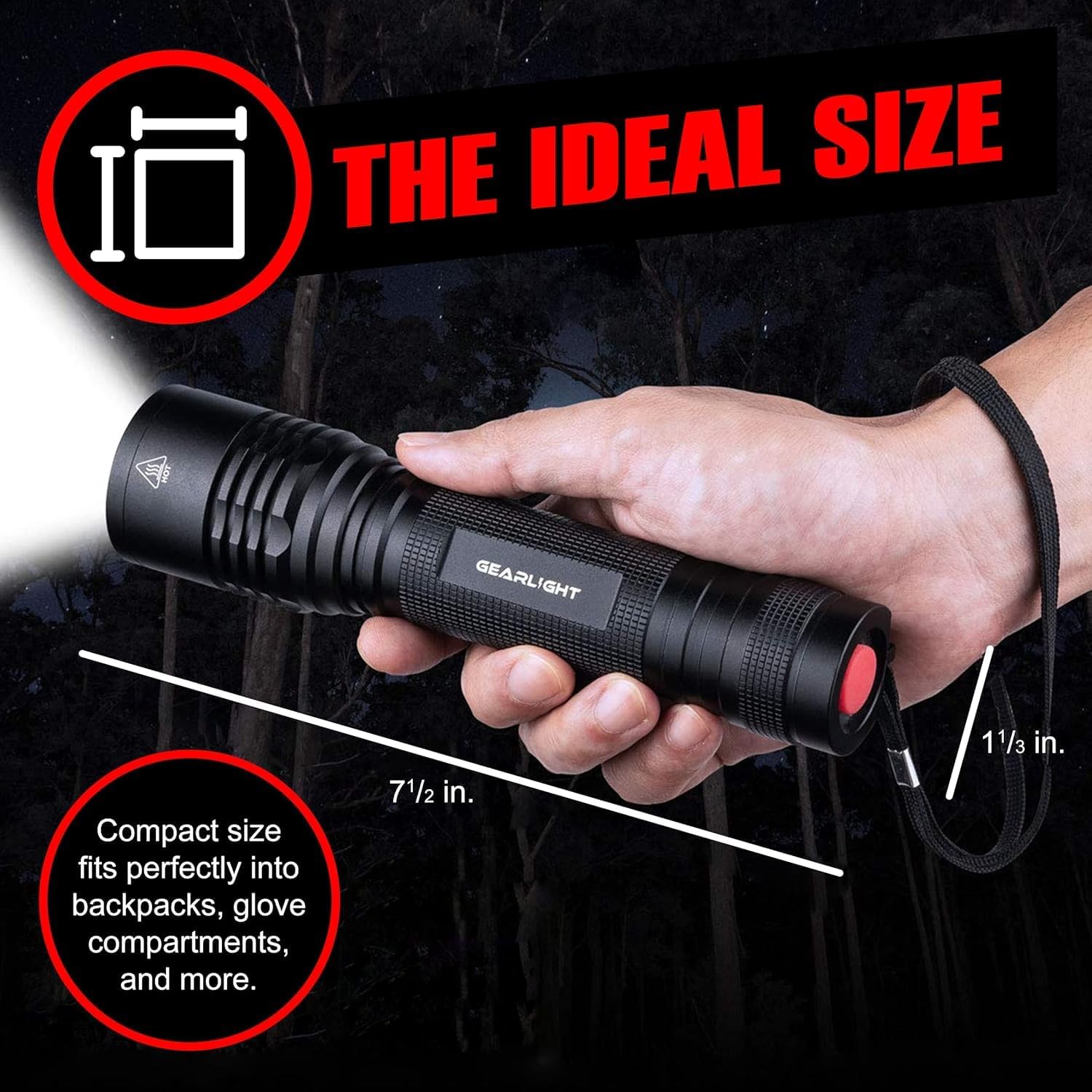 Hand holding a black flashlight with measurement details on a dark background