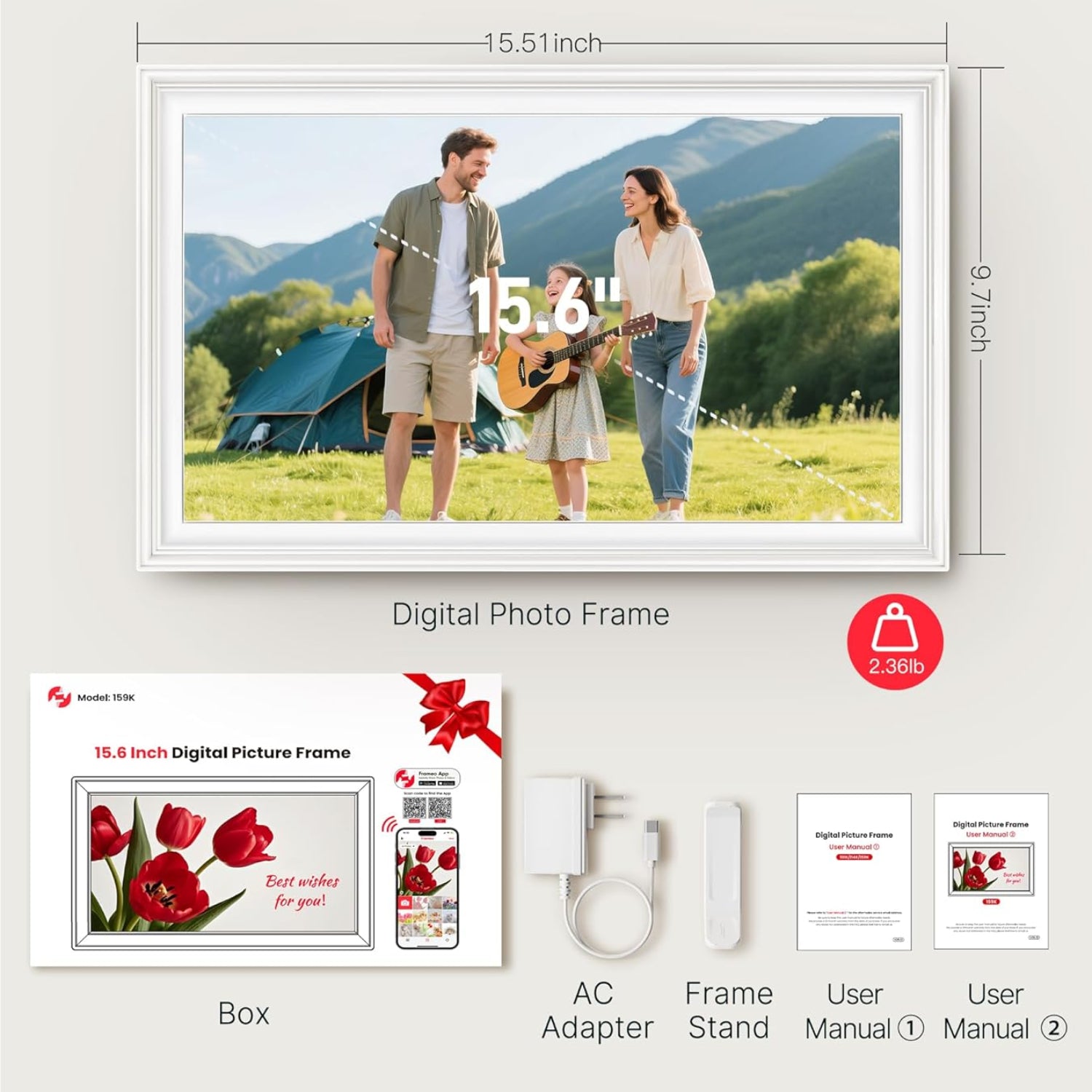 BIGASUO 15.6-inch Digital Picture Frame with Frameo interface, 64GB storage, WiFi connectivity, showing a slideshow of family photos