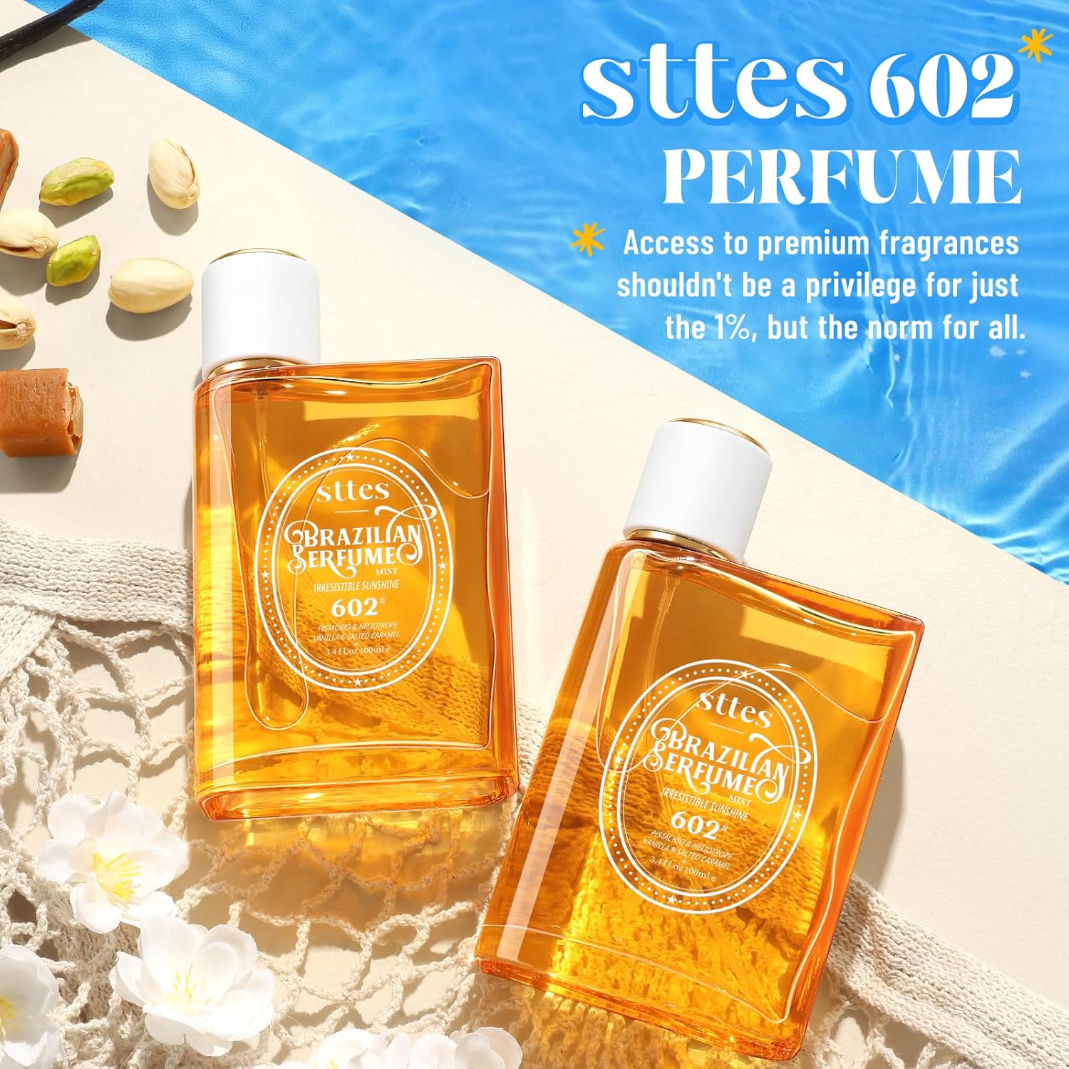 Sttes Perfume 602# Irresistible Sunshine for Women with pistachio, vanilla, and salted caramel scent, featuring the perfume bottle and packaging.