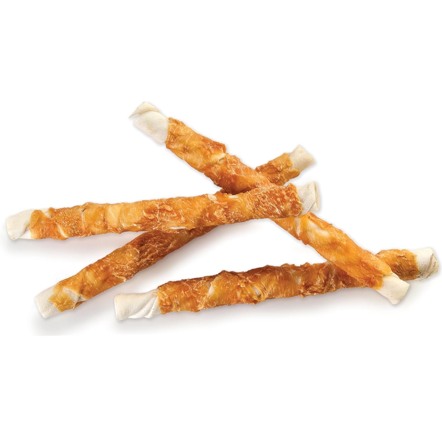 Pet 'n Shape Hide Twists chicken wrapped rawhide dog treats showing twisted rawhide treats with chicken wrapping for dogs.