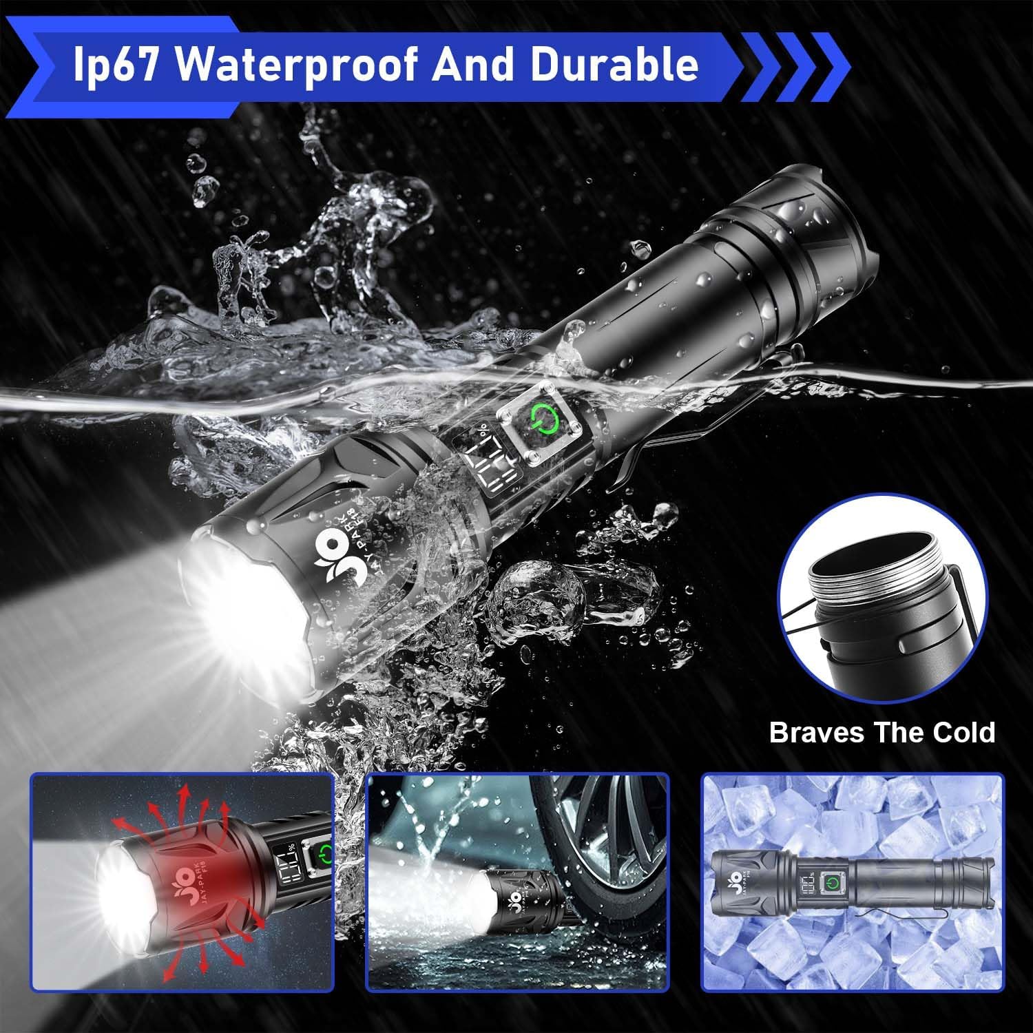 JAY-PARK High Lumen Flashlight - 100000 Lumens, Rechargeable 5000mAh