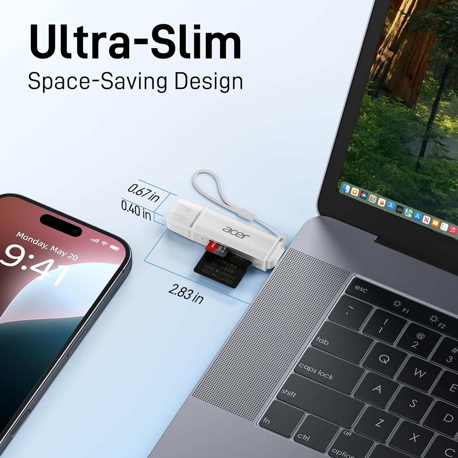 Acer USB drive next to a smartphone and laptop with 'Ultra-Slim Space-Saving Design' text.