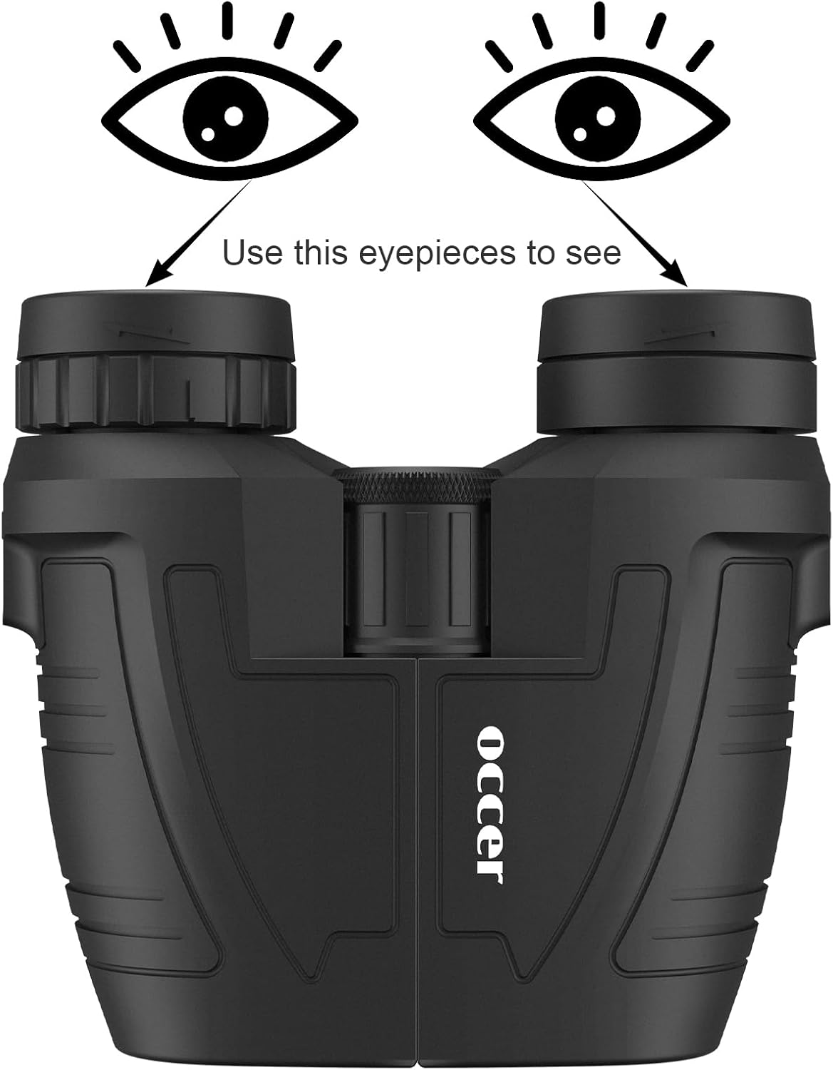 Occer 12x25 compact binoculars with large eyepiece, suitable for adults and kids, showing the binoculars with black body and textured grip.