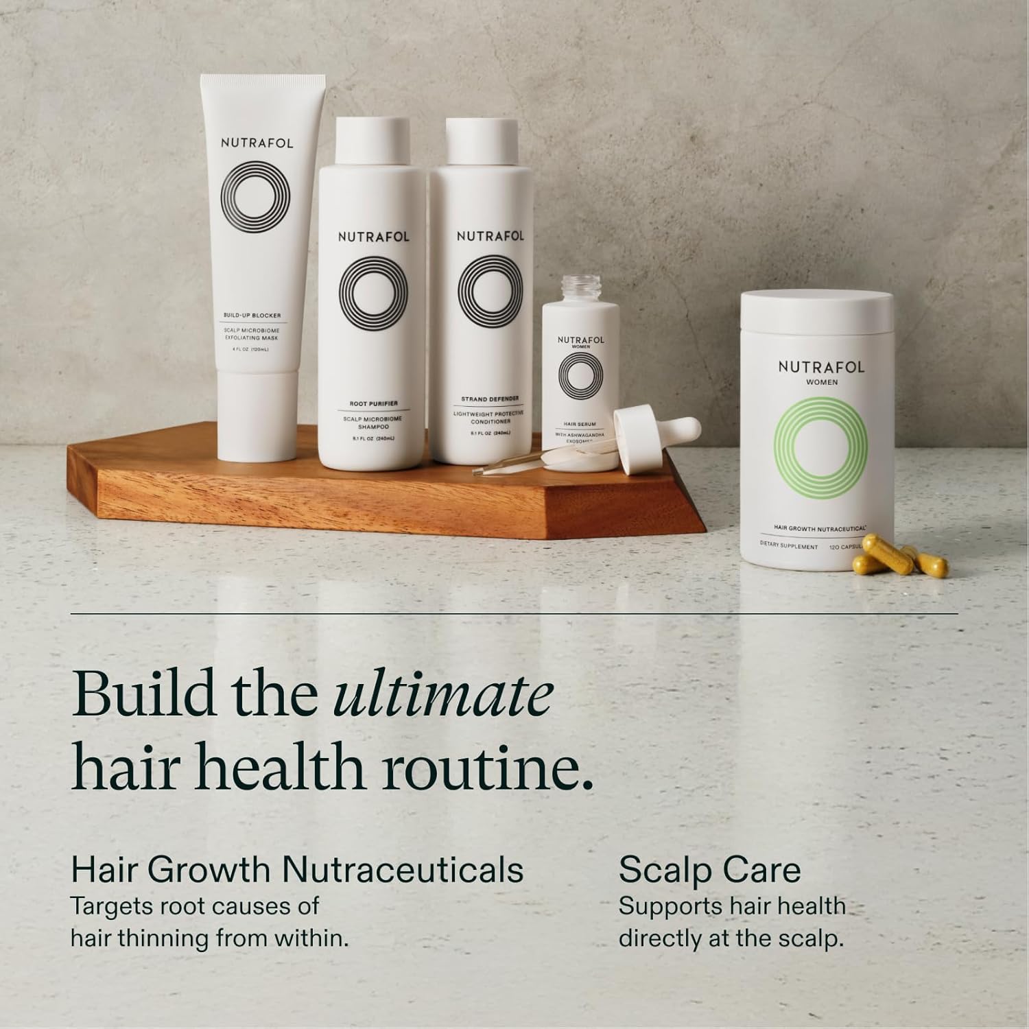 Nutrafol Women's Hair Growth Supplements by Elefair, clinical formula for ages 18-44, with bottles and capsules visible.