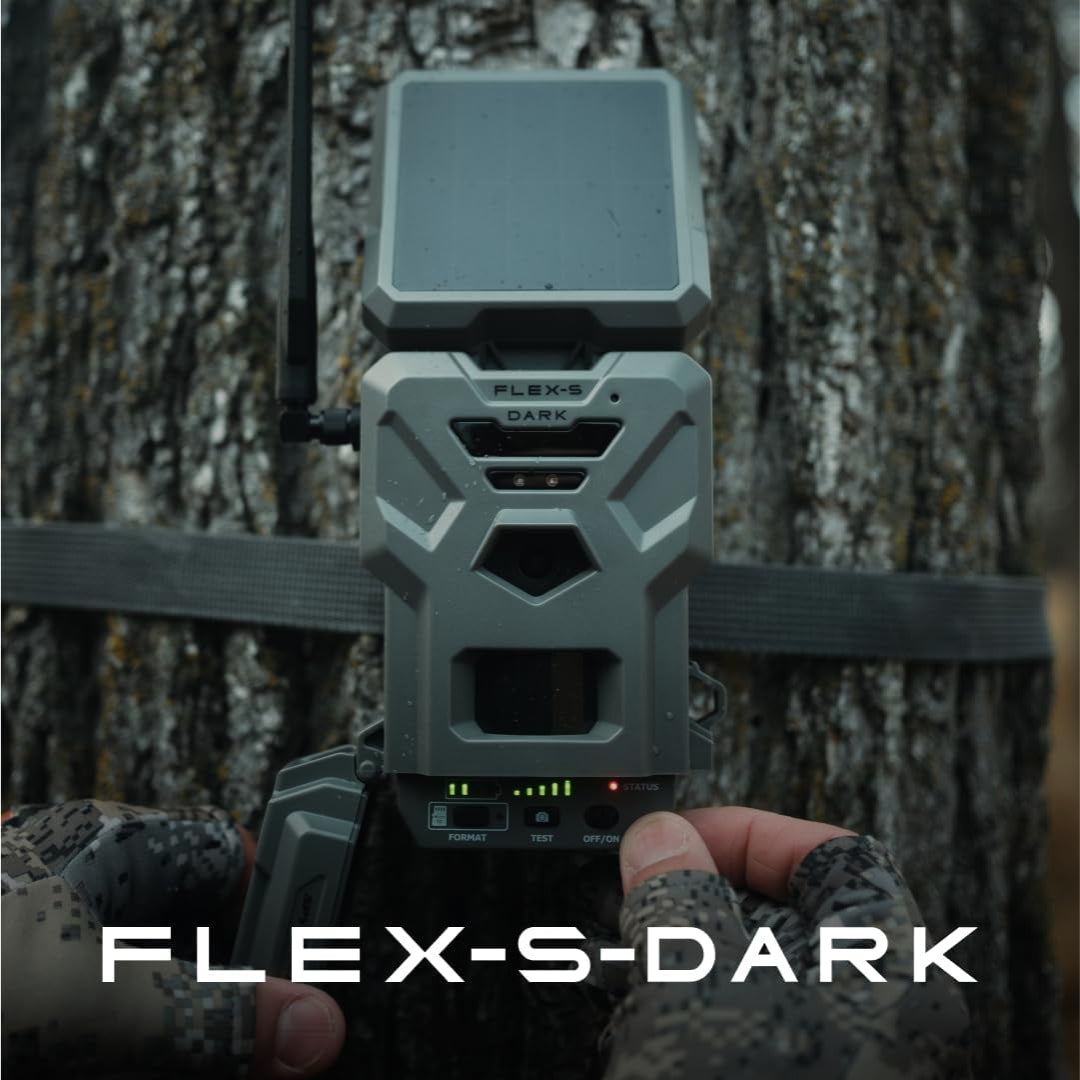 SPYPOINT Flex-S-Dark solar cellular trail camera with SD card, compact outdoor wildlife monitoring device in black.