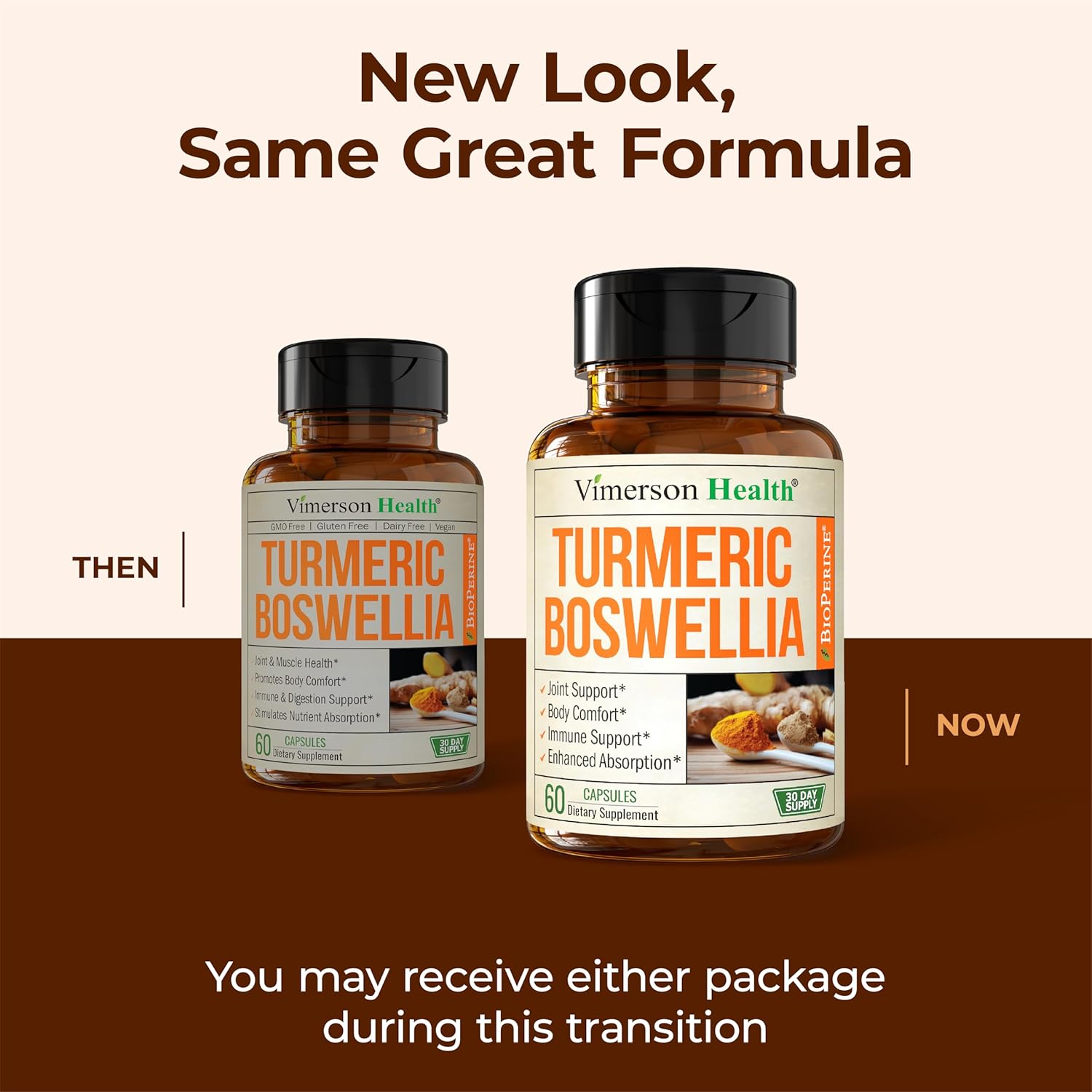Vimerson Health turmeric supplement bottle with Boswellia Serrata for joint health, featuring a label with turmeric root image.