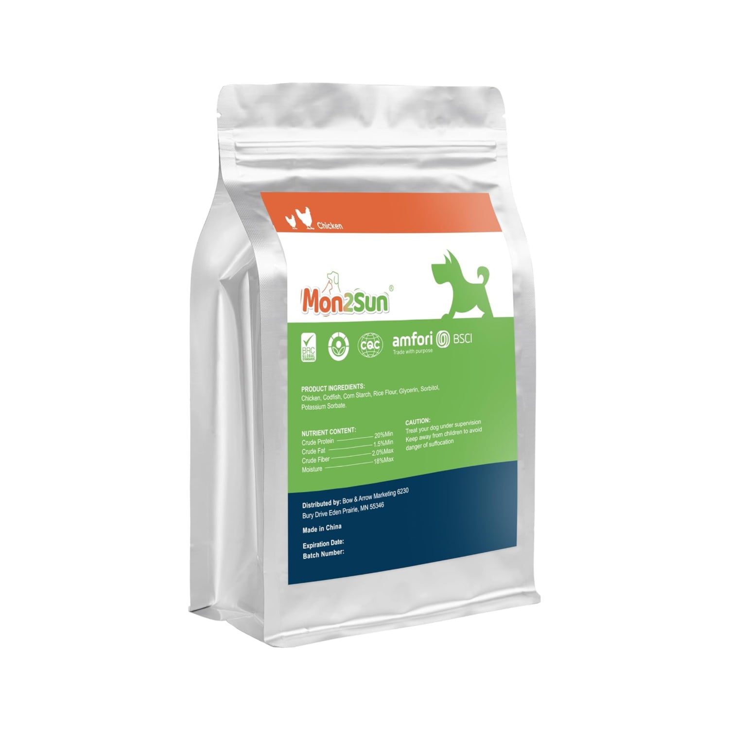 MON2SUN rawhide-free dog treats featuring 4-inch chicken-wrapped cod fillet snacks for dogs, shown in the image.