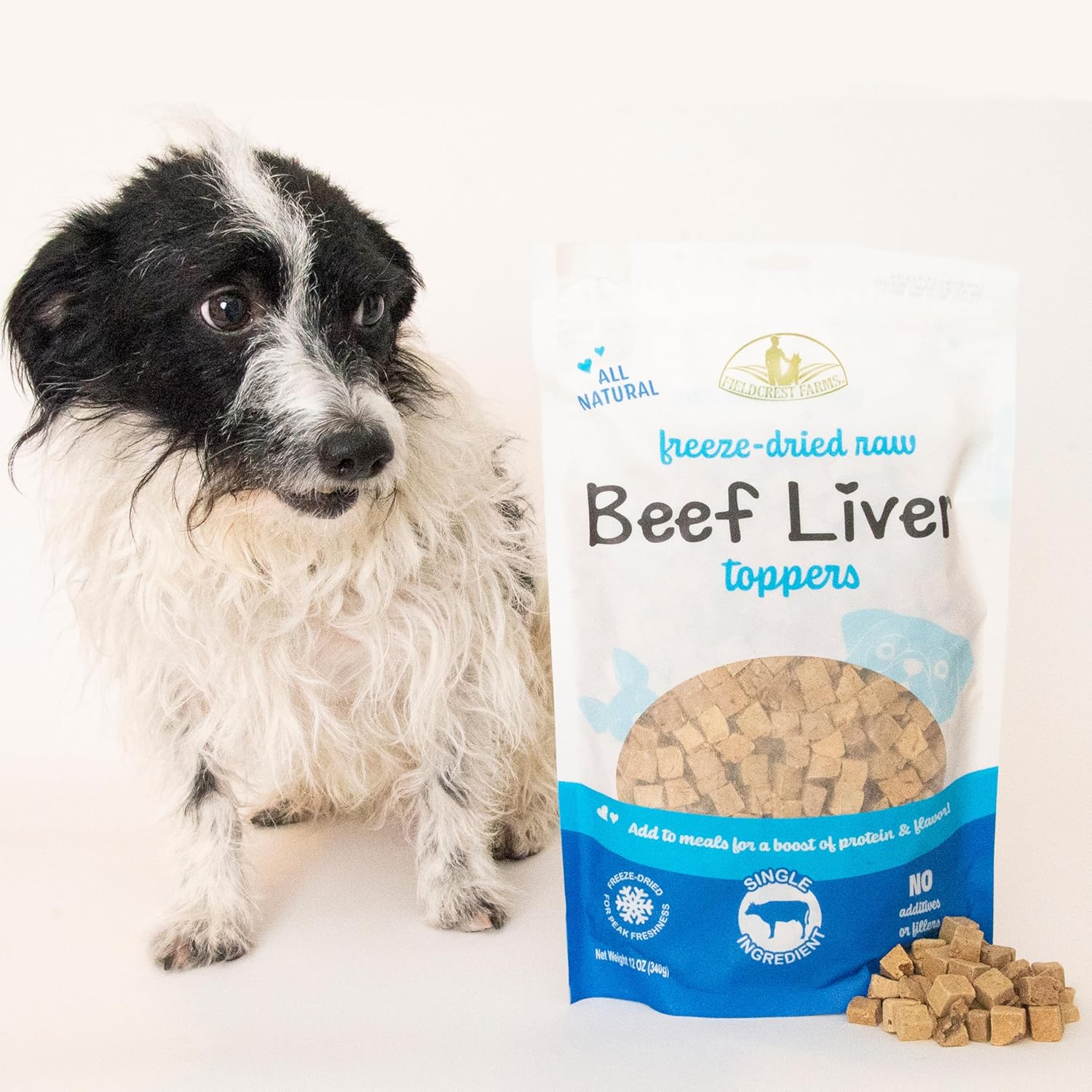 Fieldcrest Farms freeze-dried beef liver dog food topper or treat, 100% single ingredient beef liver, shown in resealable bag.