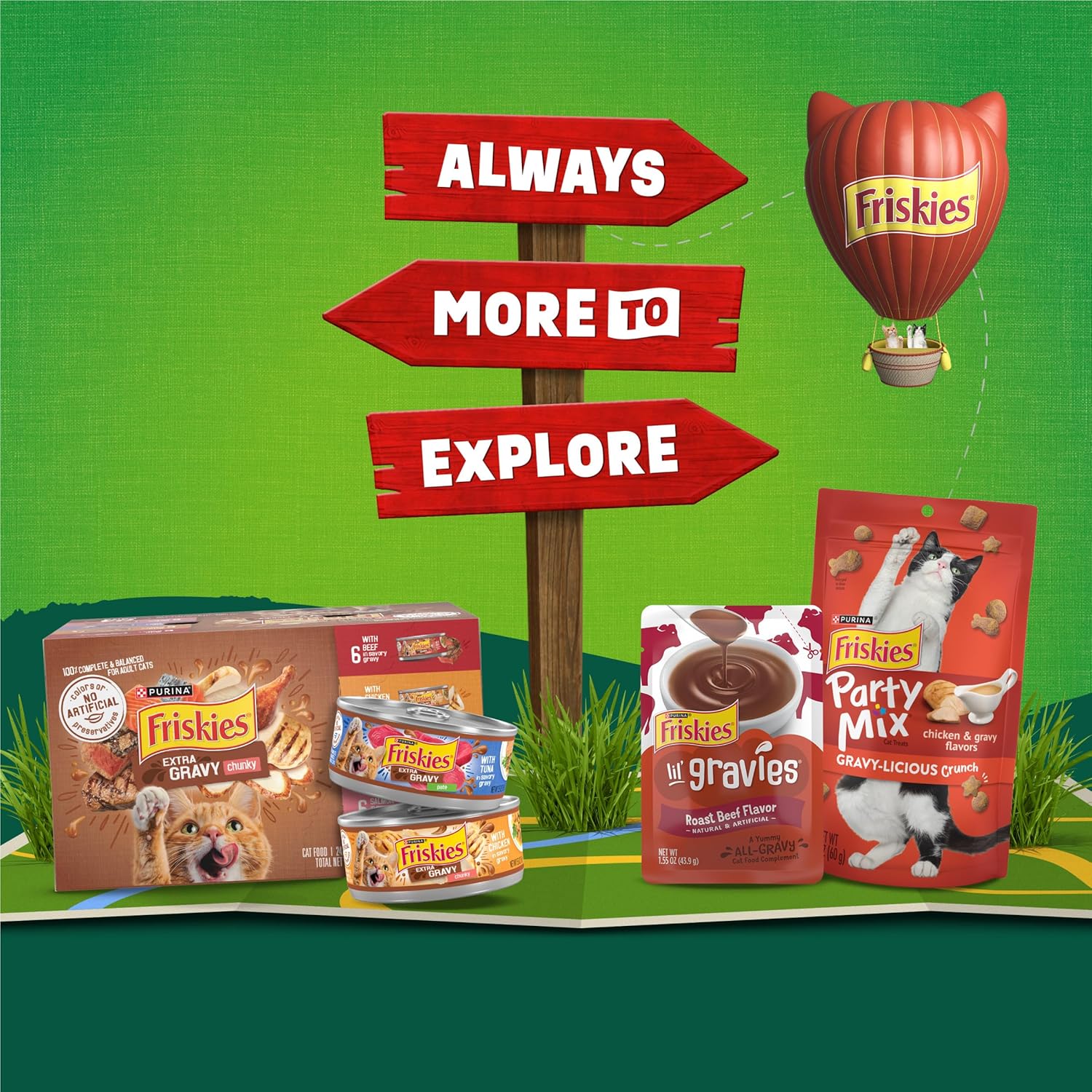 Cans of Purina Friskies Gravy Swirlers cat food with chicken, salmon, and gravy flavors, showing the colorful packaging and product images.