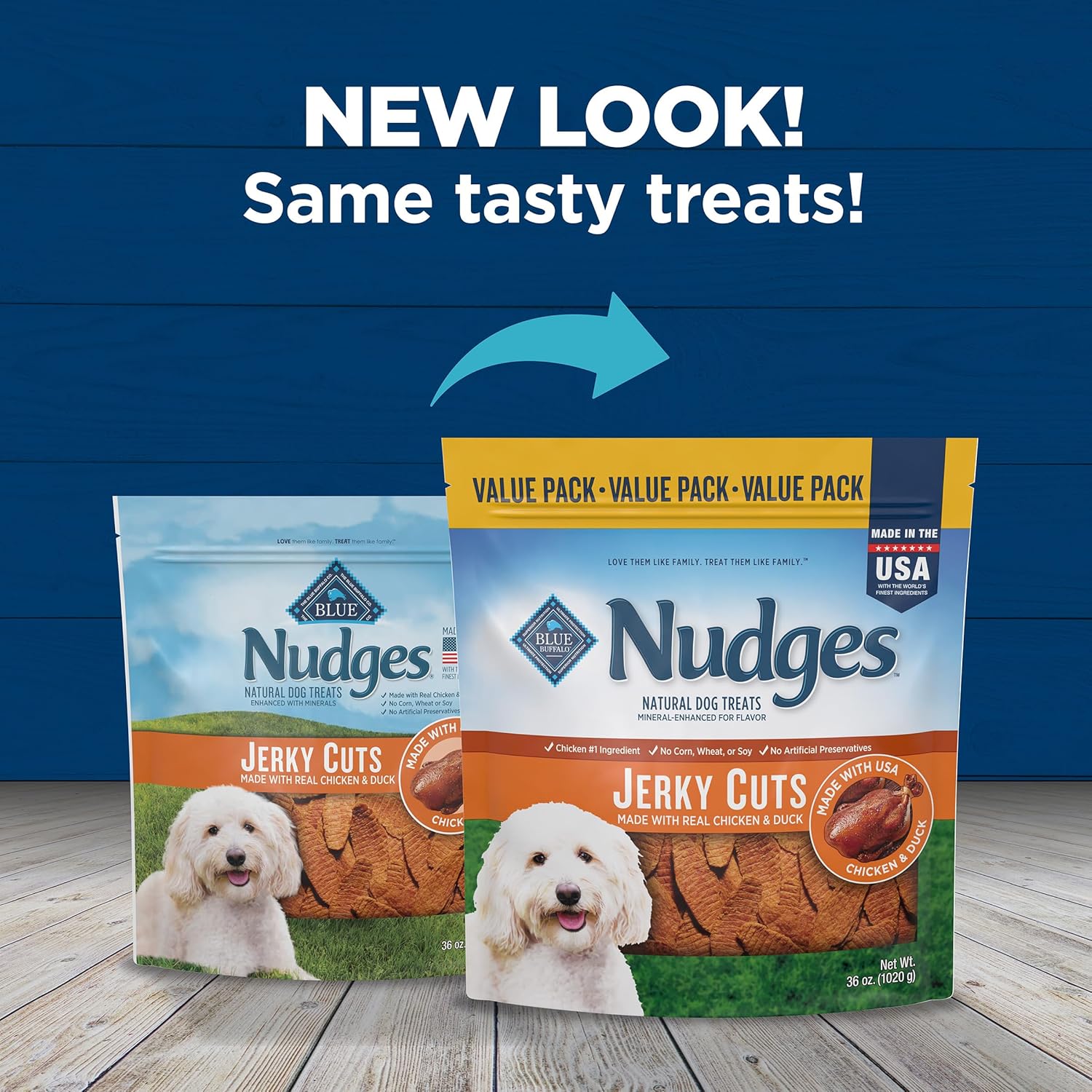Blue Buffalo Nudges Jerky Cuts dog treats made in the USA, showing natural beef jerky slices in the package.