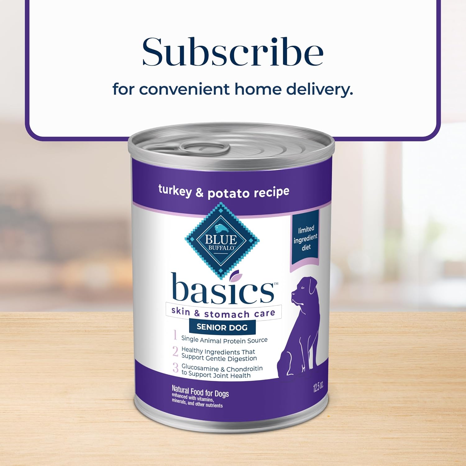 Blue Buffalo Basics grain-free senior wet dog food with skin and stomach care, featuring tender chunks in savory gravy.