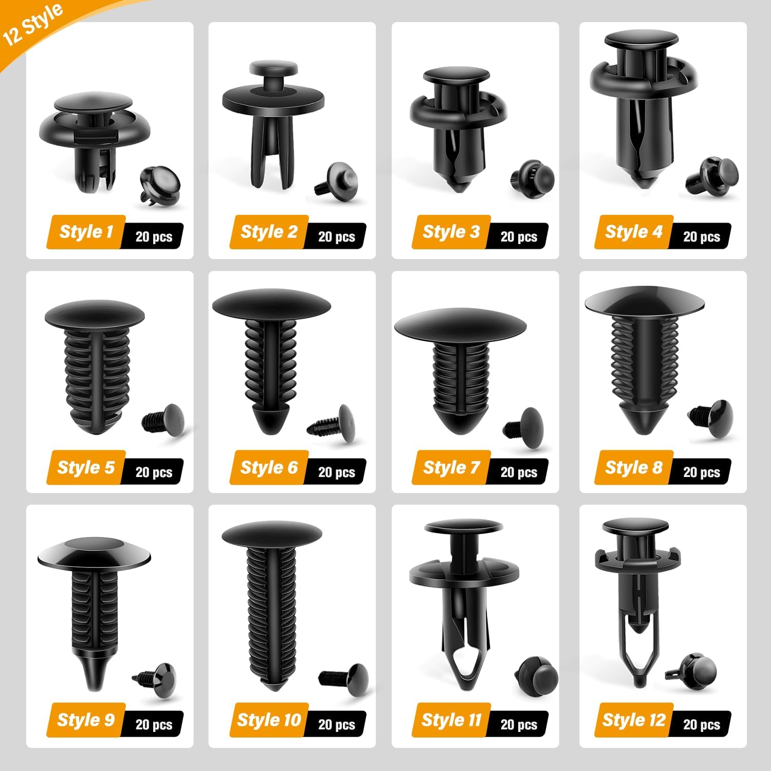 Set of GOOACC 240 plastic bumper retainer clips and push fasteners for car repairs, shown in a clear plastic storage box.