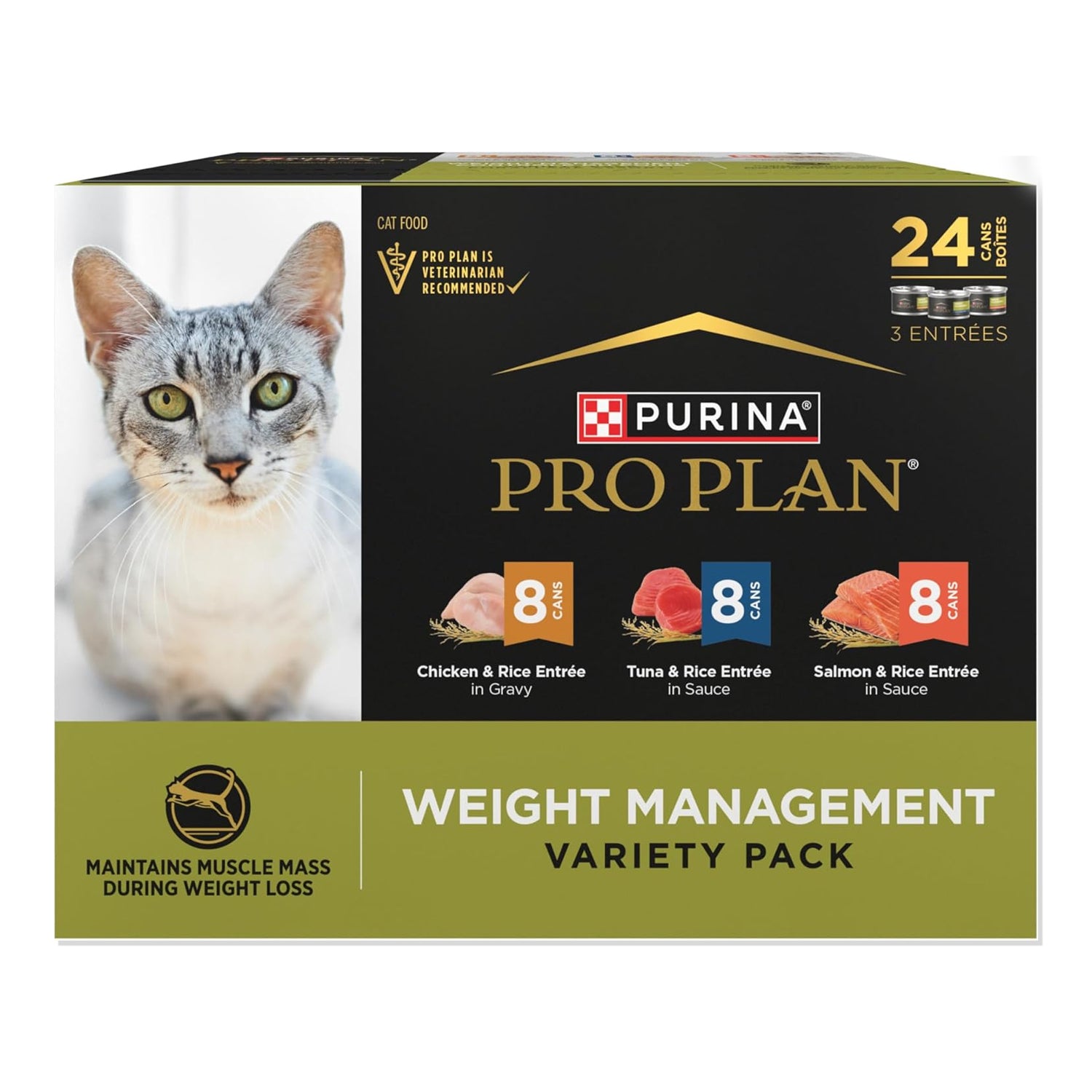 Purina Pro Plan adult weight management variety pack of pet food entrees in colorful packaging on a white background