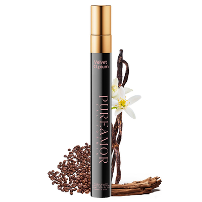 PUREAMOR Pheromones Perfume for Women Amber Vanilla in pink mini travel bottle wooden cap