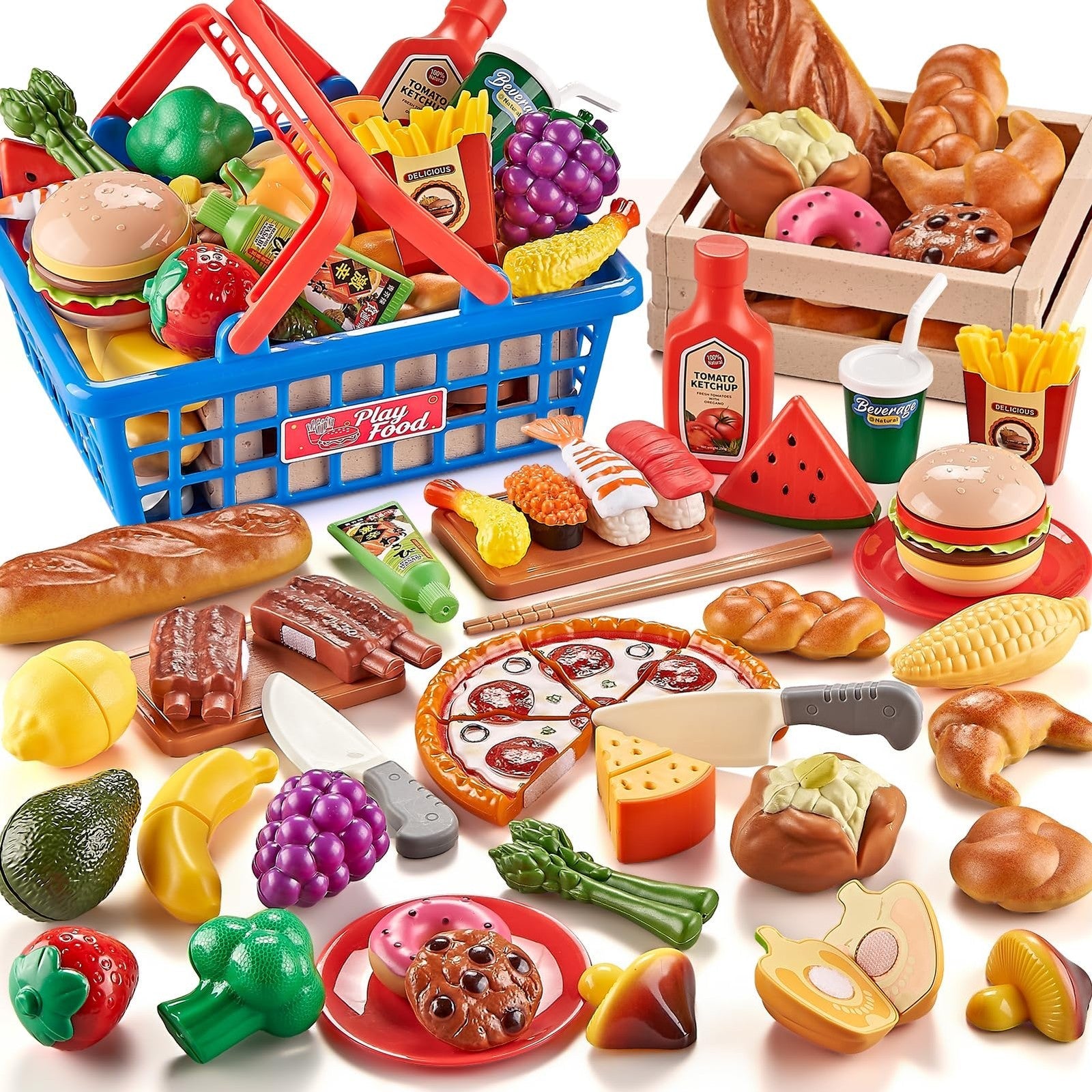 Shimfun Play Food Sets for Kids Kitchen with global cuisine themed plastic toy food pieces and accessories