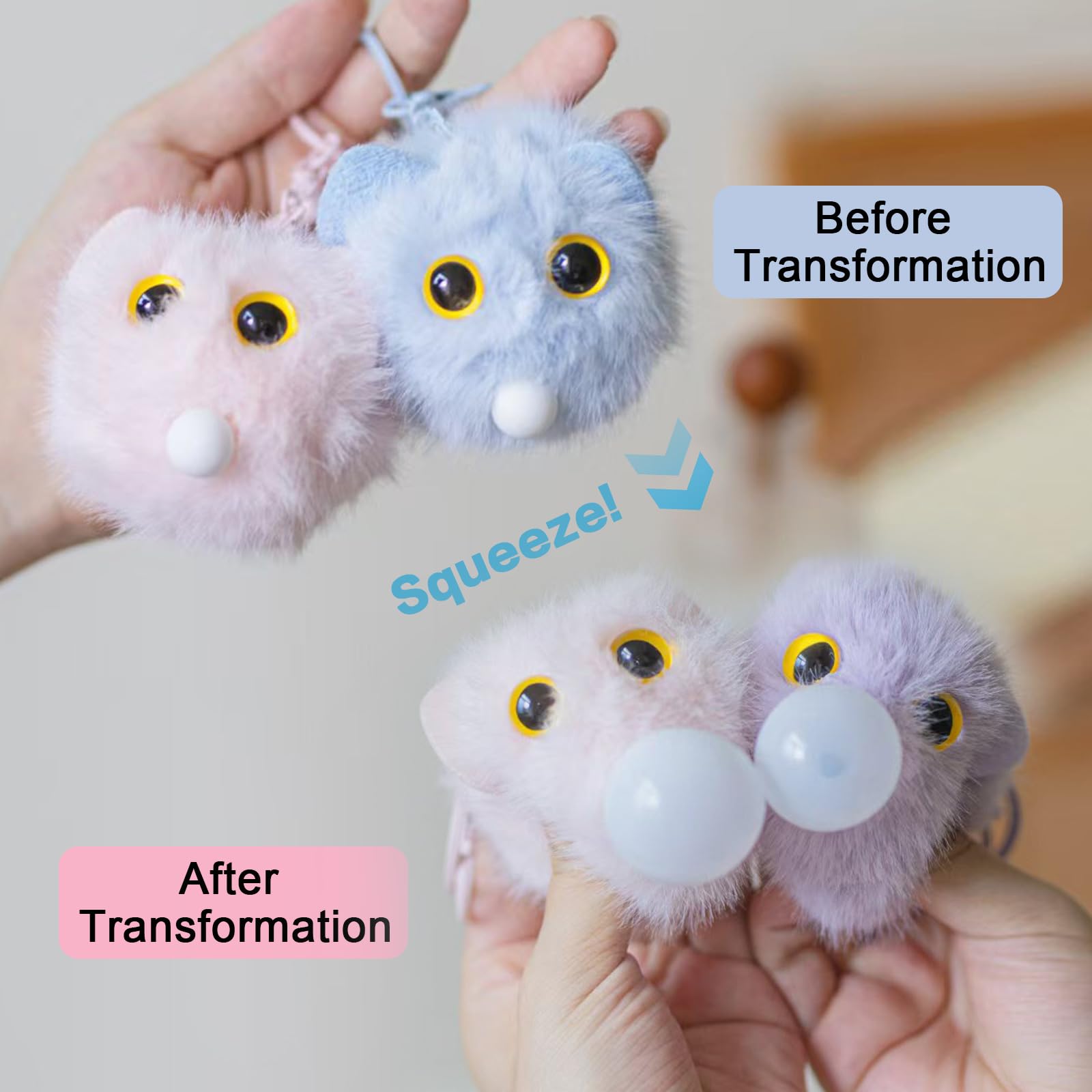 Pink cat plush keychain with bubble squeeze design and backpack charm for girls