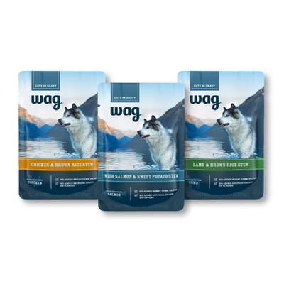 Wag Wet Dog Food Topper Variety Pack with Chicken, Lamb, and Salmon Stew in 3.5oz Pouches