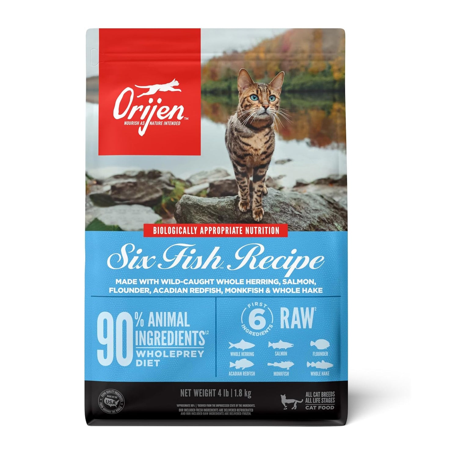 Whole 4lb bag of ORIJEN Grain Free High Protein Premium Dry Cat Food featuring Six Fish Recipe with whole prey diet elements.