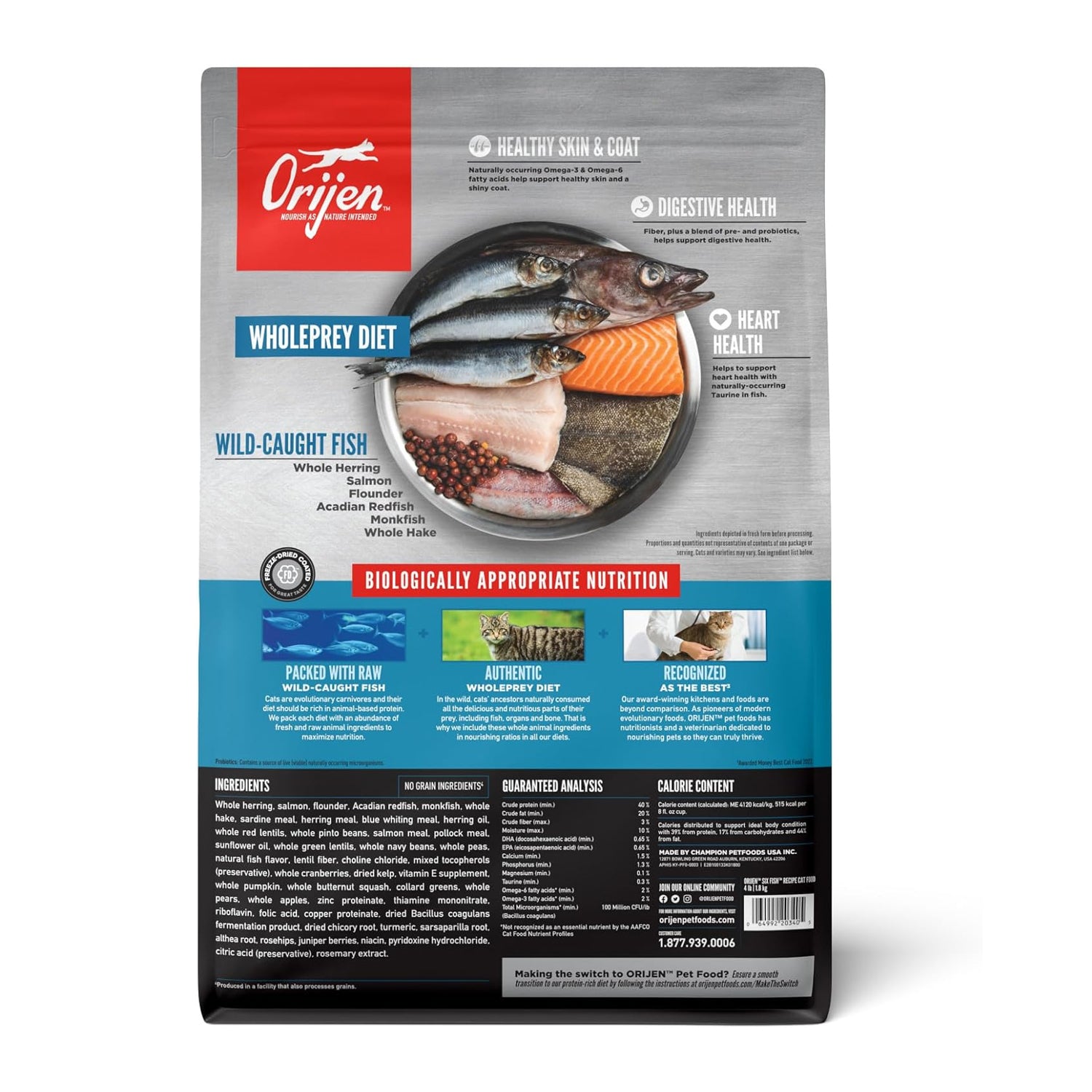 Whole bag of ORIJEN Grain-Free High Protein Dry Cat Food with Six Fish Recipe, featuring natural ingredients and high-quality nutrition.