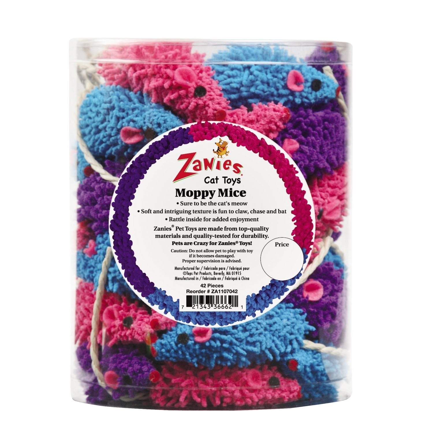 Zanies ZA11070 42-piece colorful shaggy moppy mice cat toys with rattles and twine tails