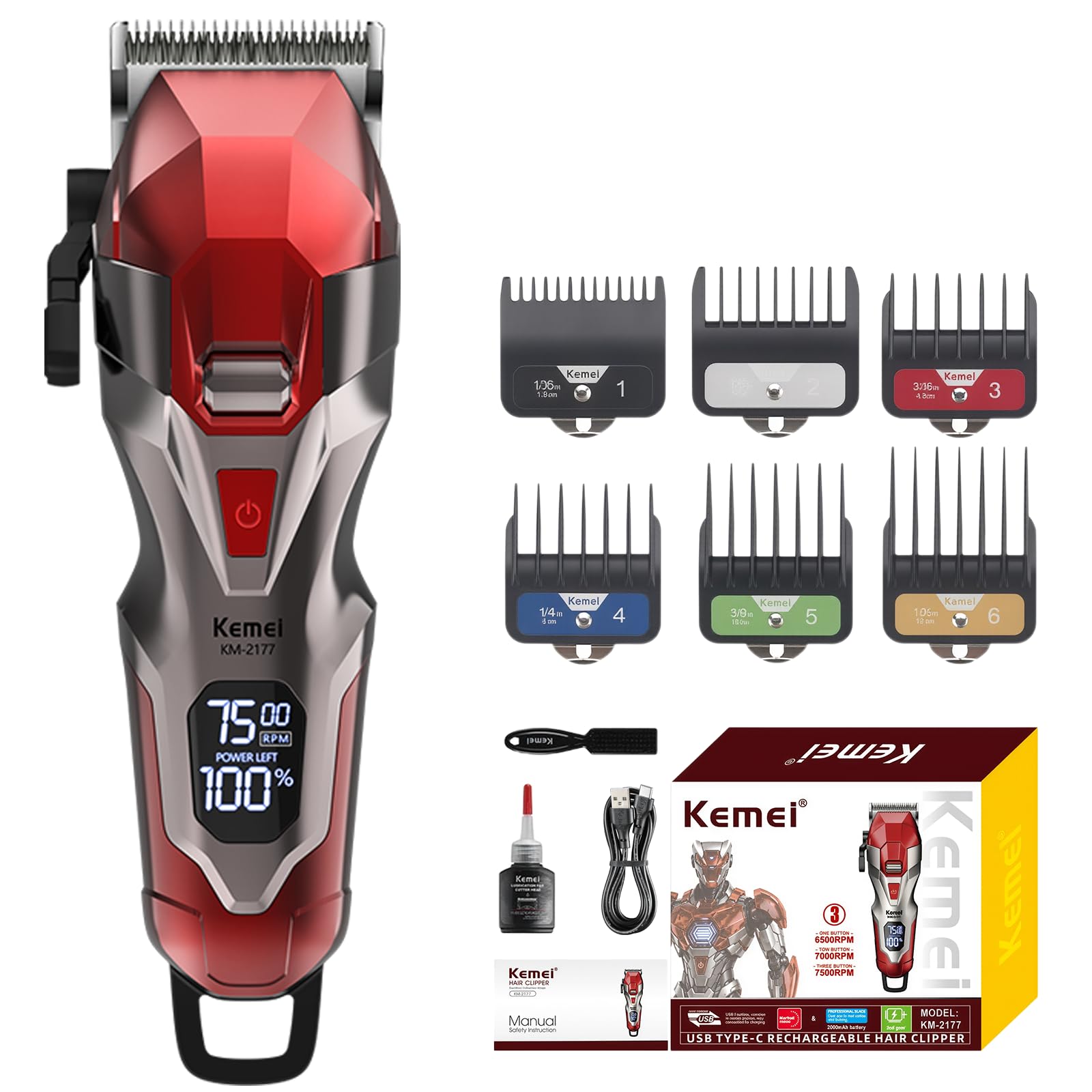 KEMEI 2177 Cordless Hair Clippers for Men 7500 RPM 3 Speed
