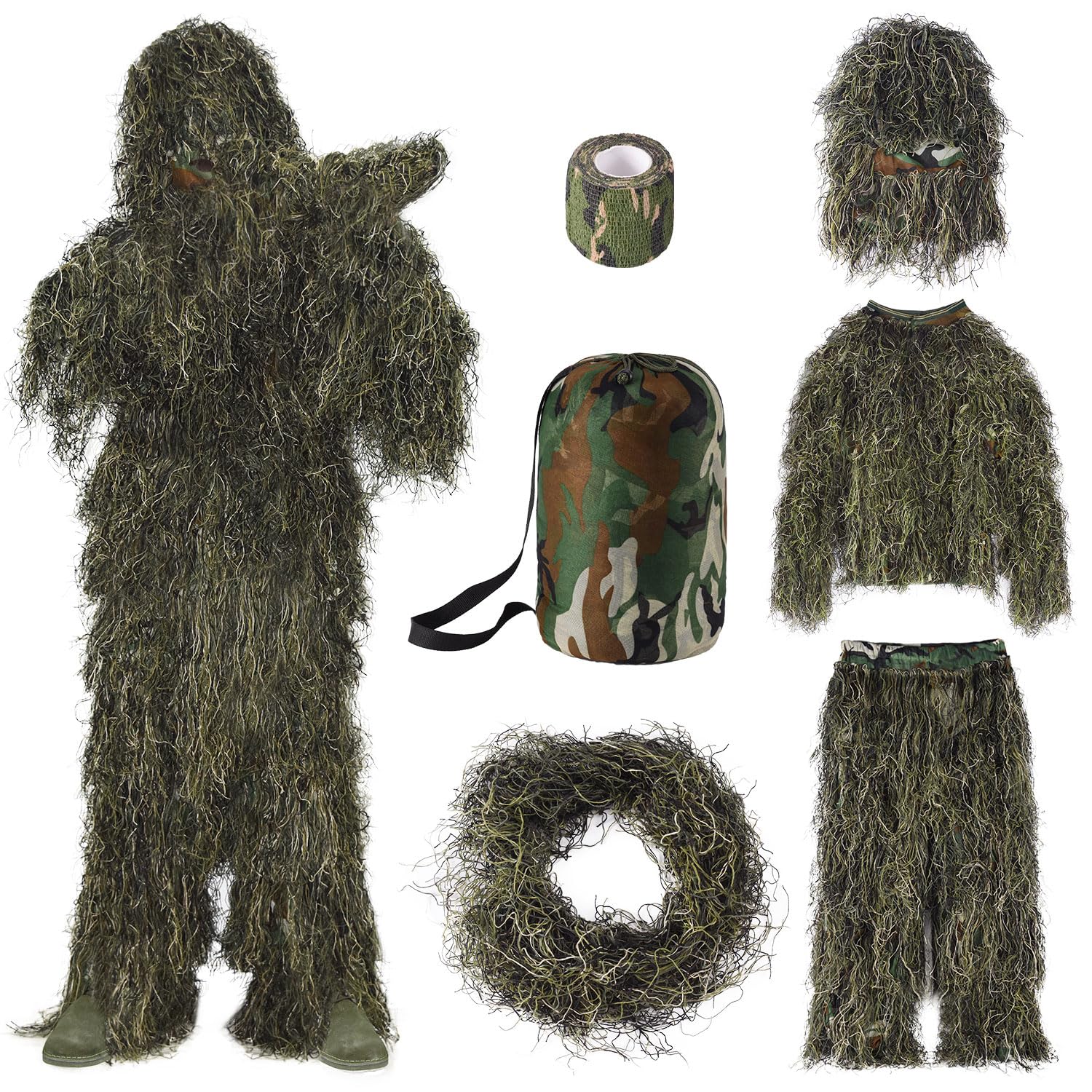 Seeutek 5 in 1 Ghillie Suit 3D Camouflage Hunting Suits for