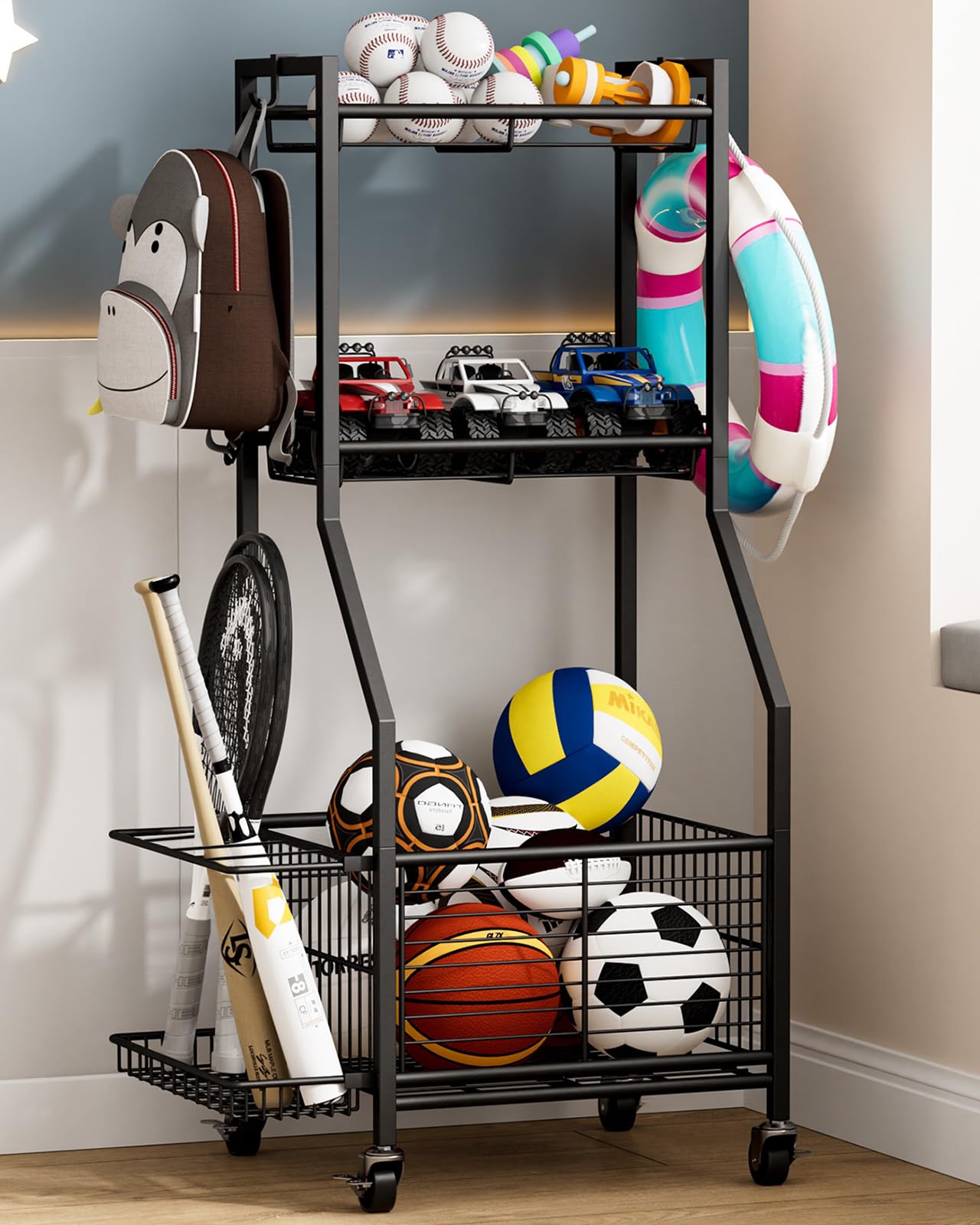 Sports Equipment Storage Rack with Wheels 3 Tier Ball