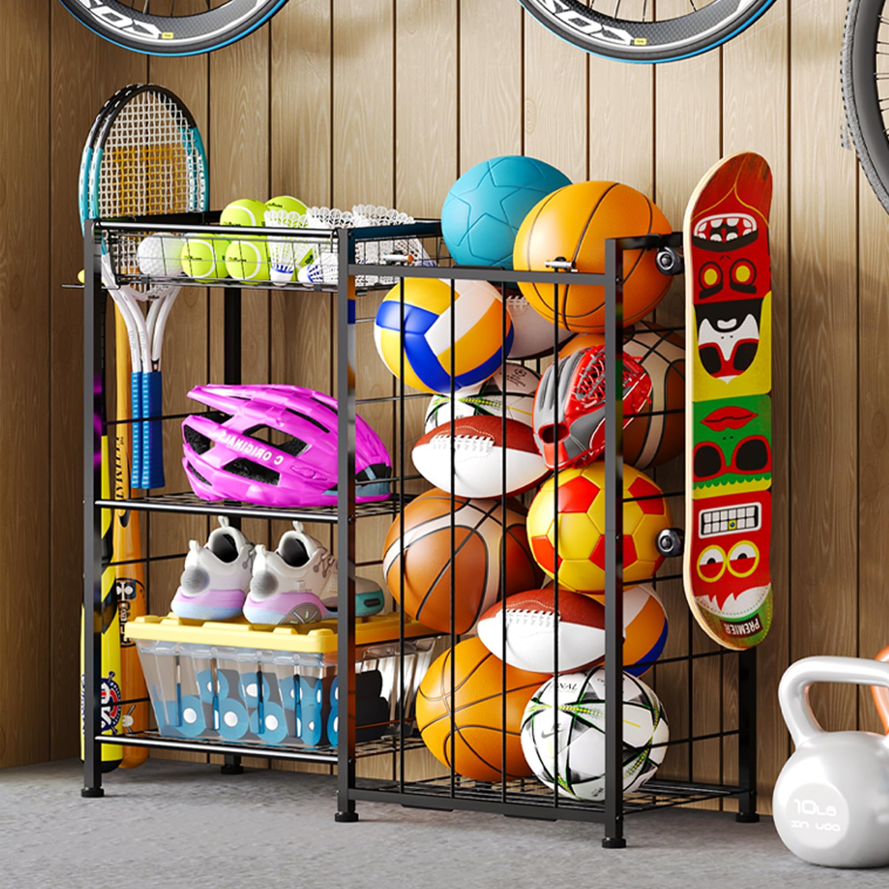 Sports Equipment Organizer Ball Storage Rack with Elastic