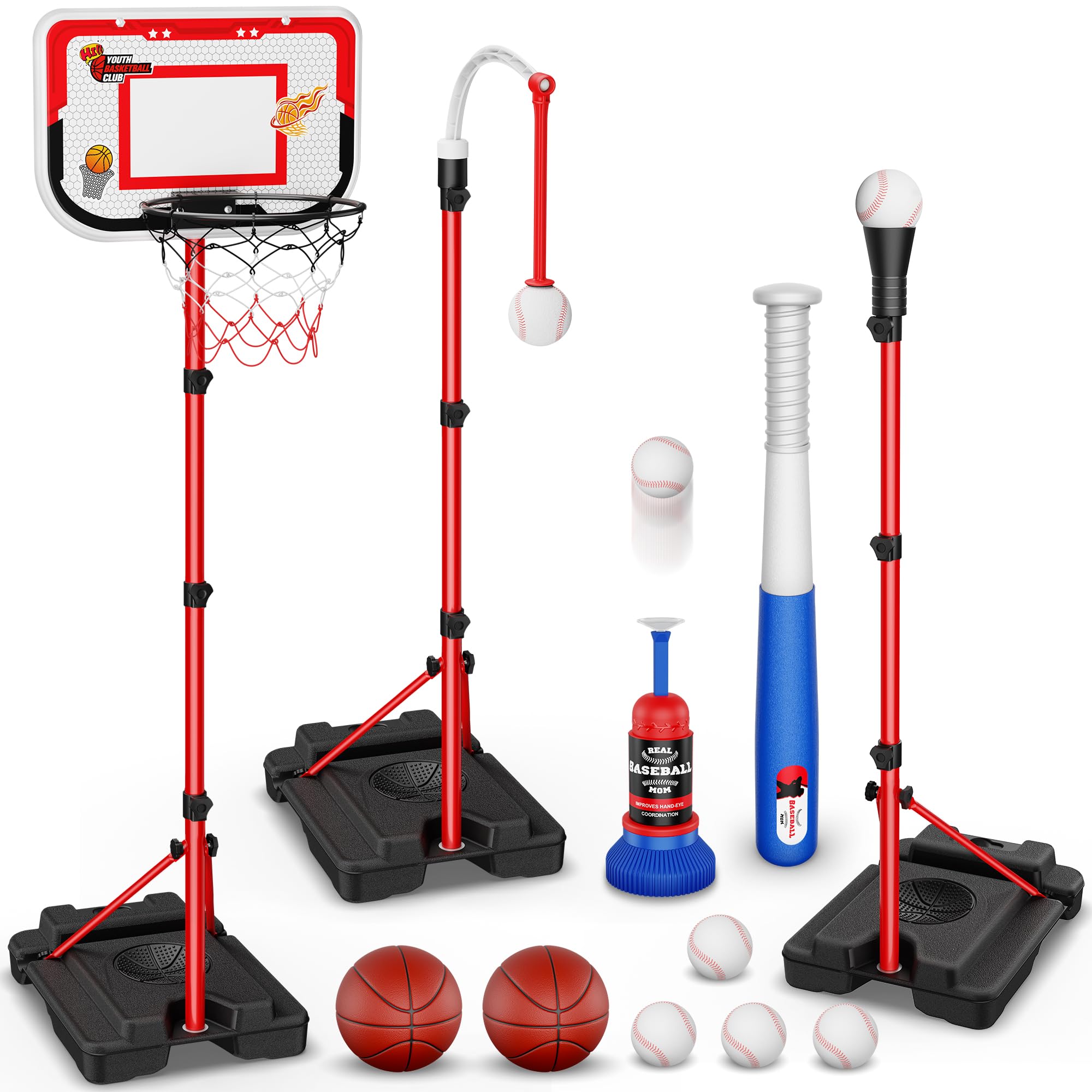 4 in 1 Kids Basketball Hoop T Ball Set Adjustable Hanging T