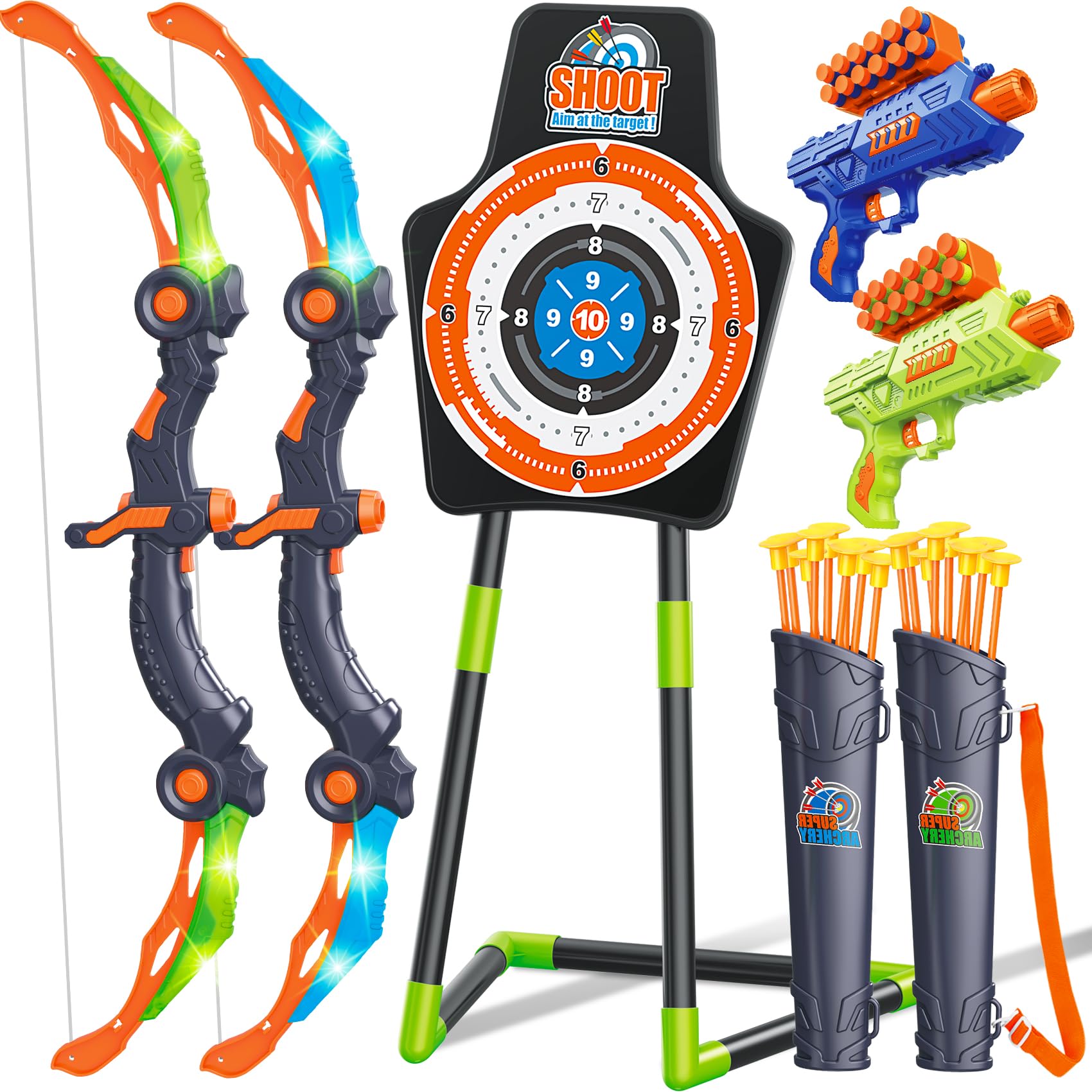 Bow and Arrow Toys for Kids 2 Pack LED Light Up Archery Set