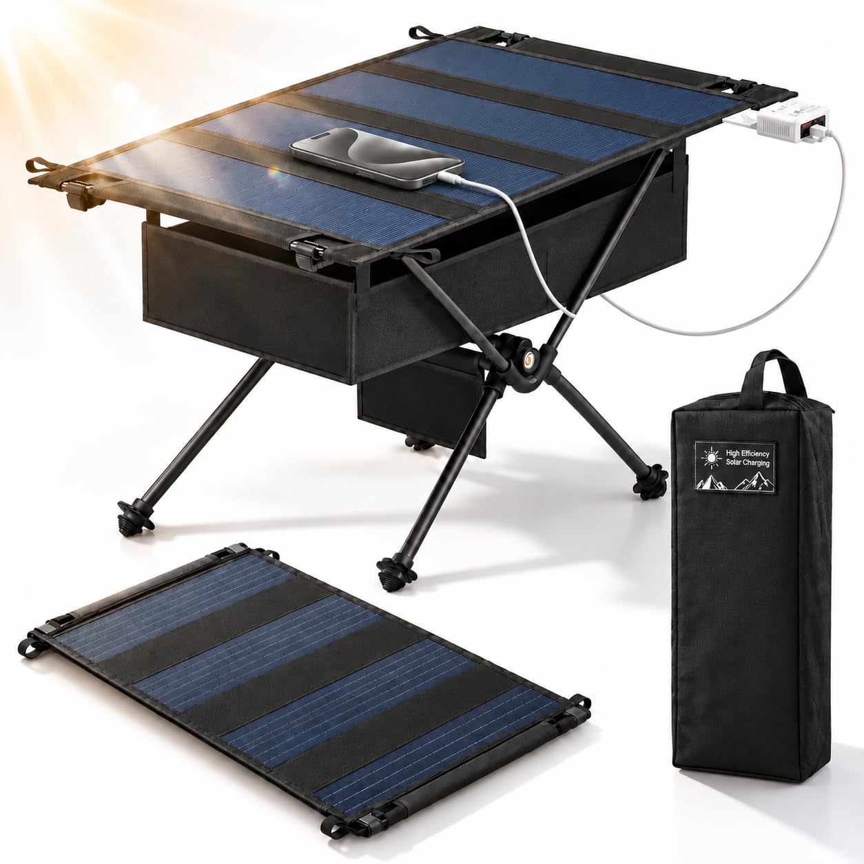 Folding Camping Table with 28W Detachable Portable Solar
