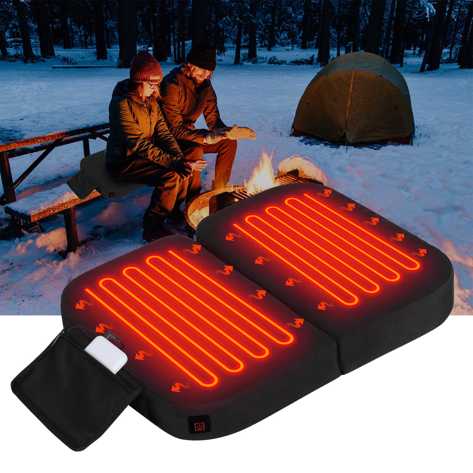 Extra Wide Heated Seat Cushion with 10000 mAh Mobile Bank