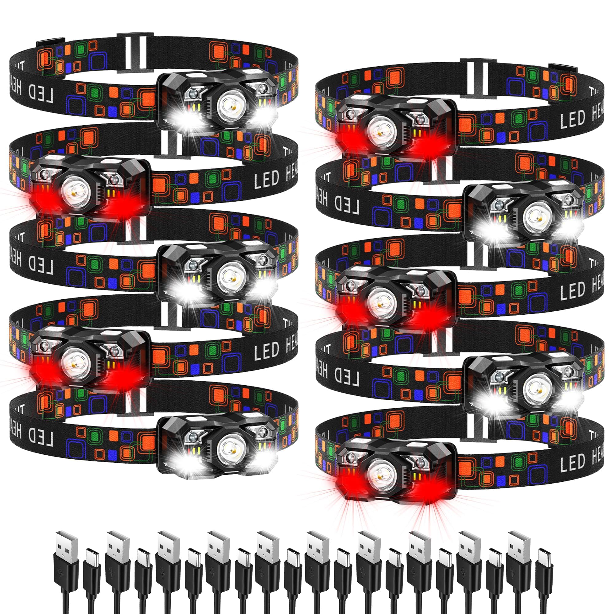 KunHe 10 Pack led Rechargeable Headlamp Flashlight Headlight