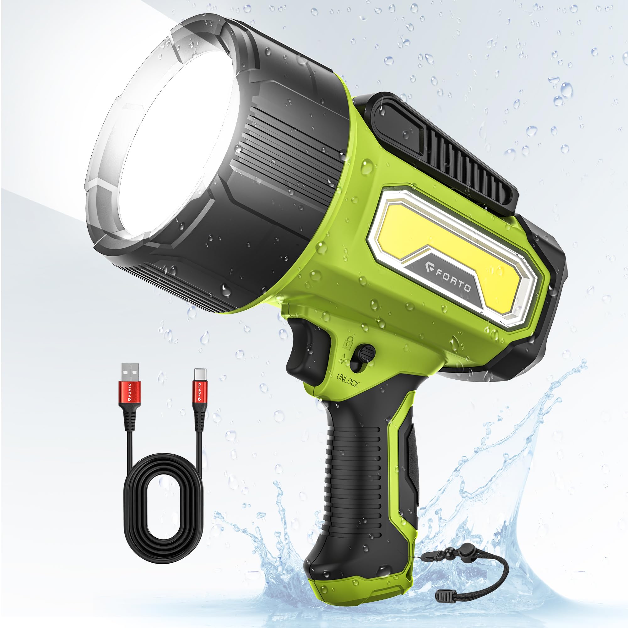 FORTO Rechargeable Spotlight 2000 000 Lumens IPX7 Waterproof