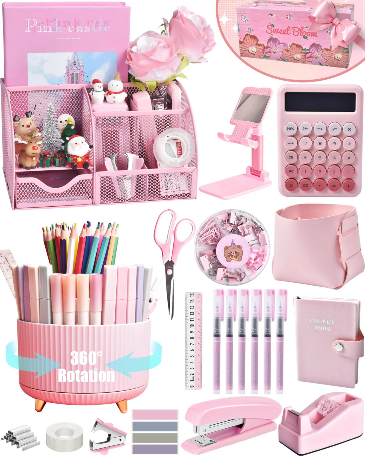 Pink Desk Accessories 21 Piece Office Supplies Gift Set for