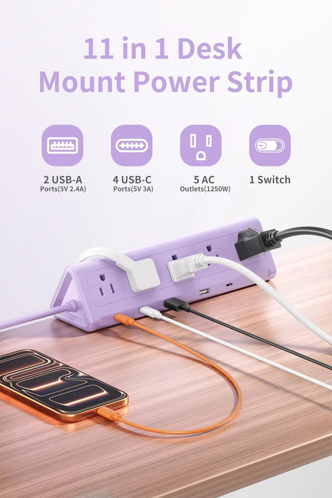 SMALLRT Purple Desk Clamp Power Strip with 6 5 FT Extension