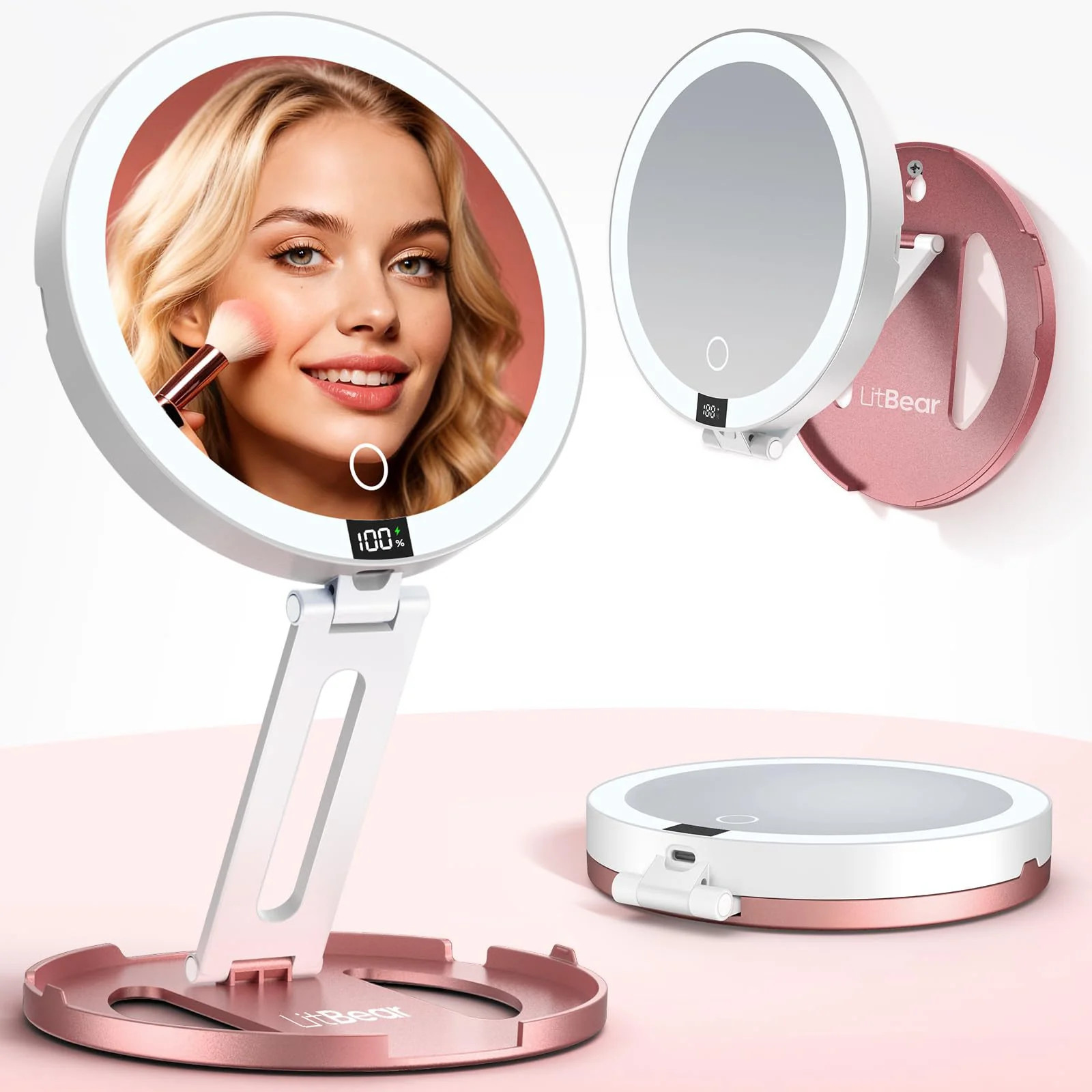 LitBear Travel Makeup Mirror with Lights 10X 1X Foldable