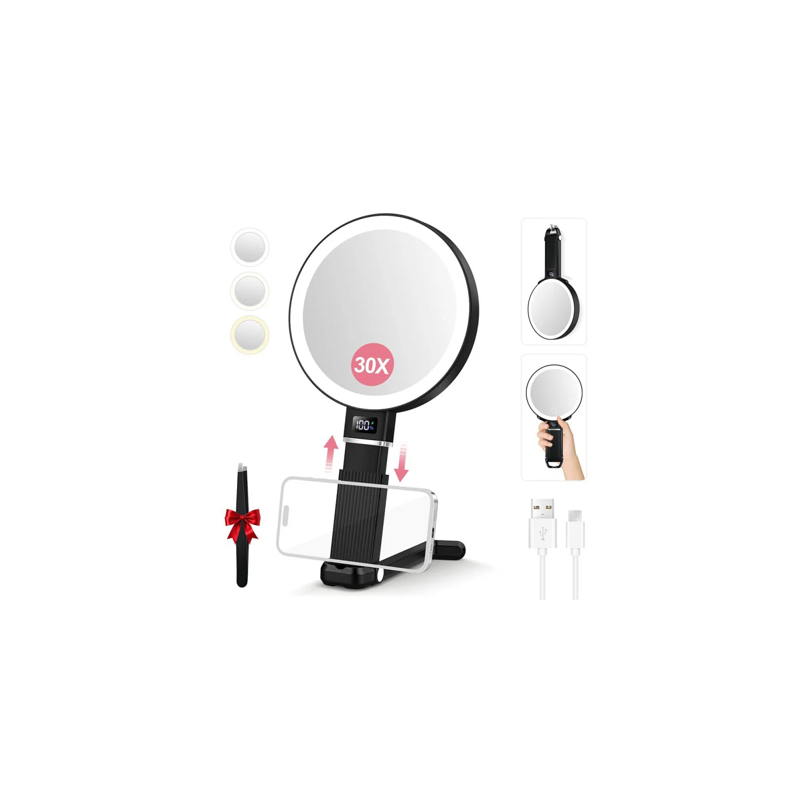 30X Travel Magnifying Mirror with Light Height Adjustable