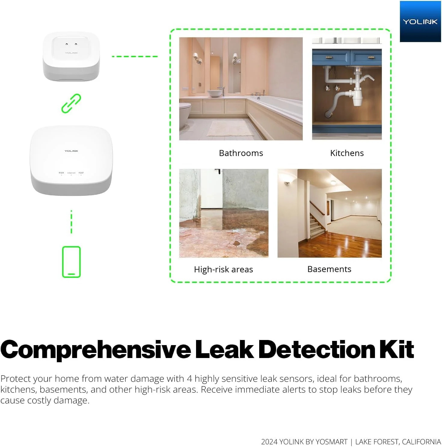 YoLink Water Leak Sensor 1 Kit 2 Pack Hub