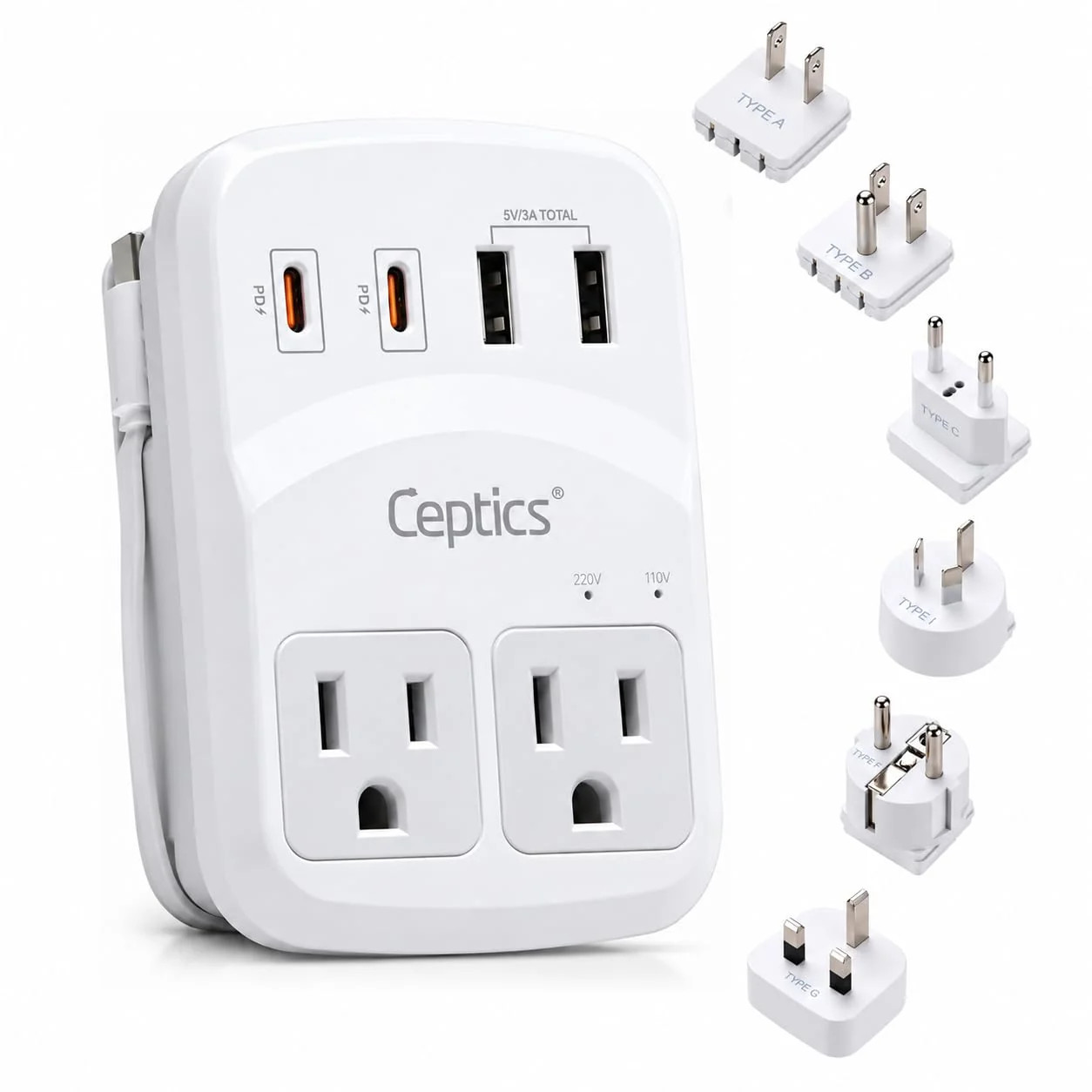Ceptics World Travel Adapter Kit 2 USB A USB C US Outlets