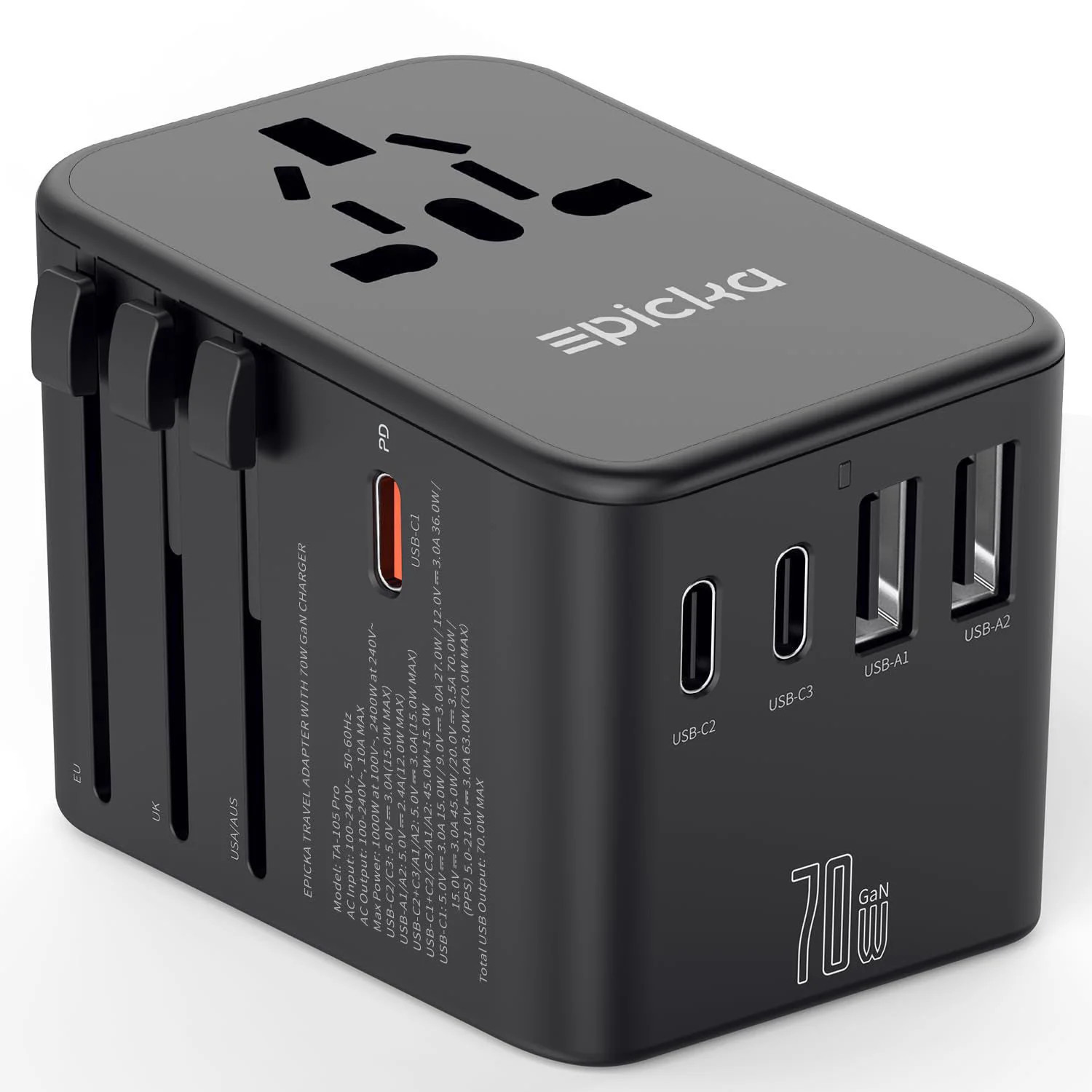 Epicka 70W GaN PD Universal Travel Adapter 3USB C 2USB A