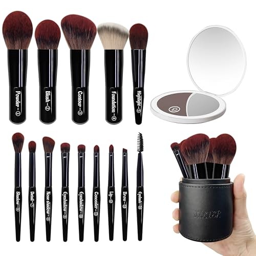 Jilier 14 pcs Mini Makeup Brushes and Pocket Mirror Travel