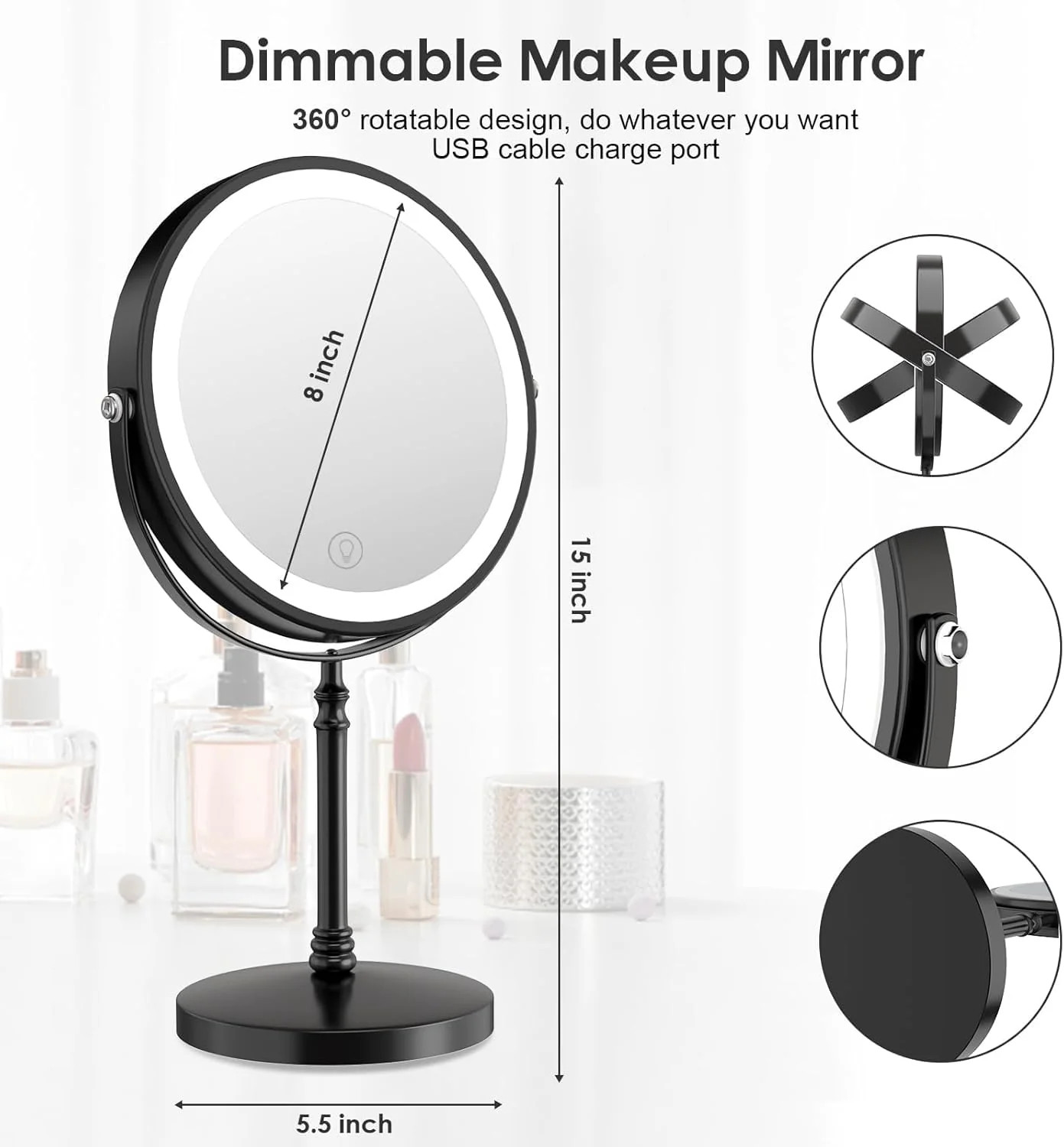 DEIOVWXS Makeup Mirror Rechargeable Vanity Mirror with 3