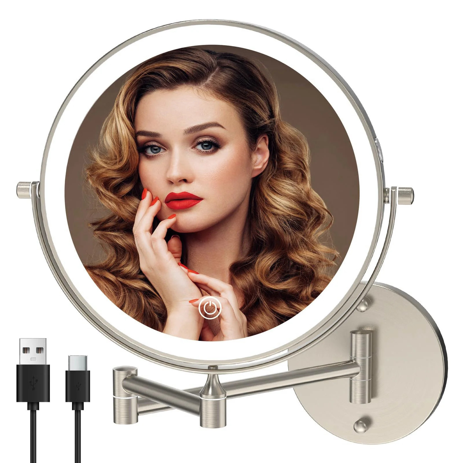 8 Wall Mounted Lighted Makeup Mirror 1X 10X Brushed Nickel