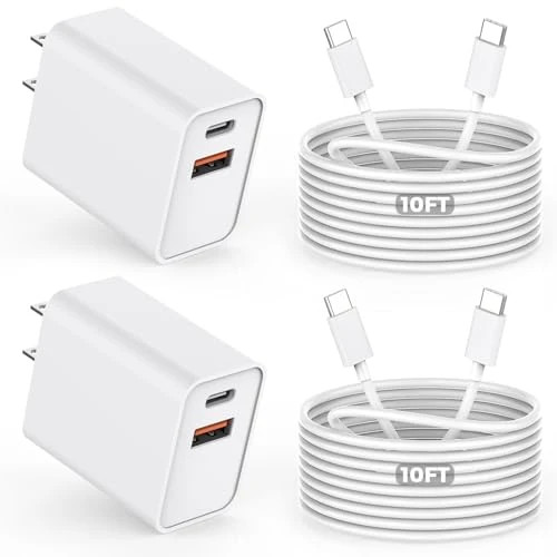 10FT iPhone 17 16e Fast Charger 2Pack 20W Dual Port USB C A