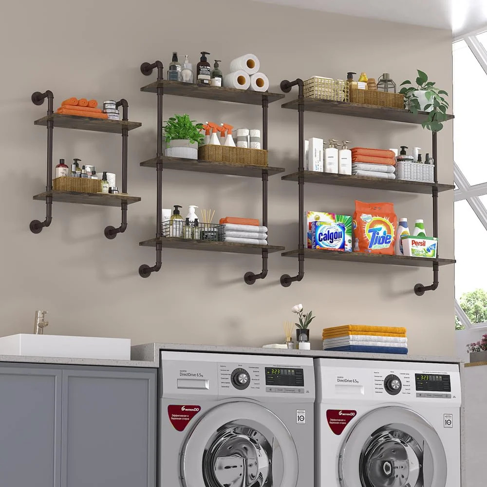 Helsin 3 Tier Industrial Pipe Shelf Rustic Wood Floating