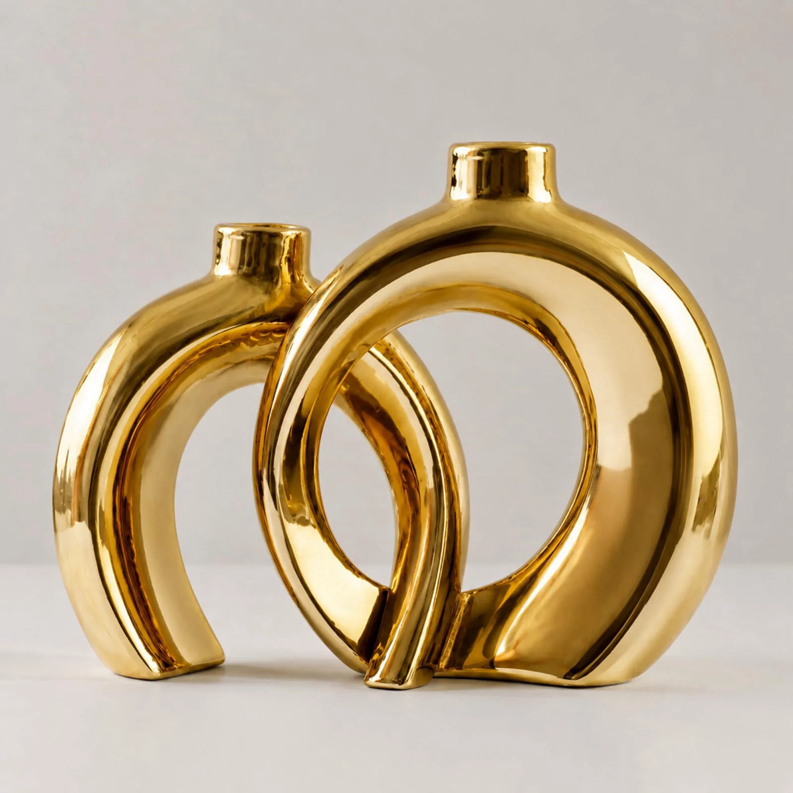 Set of 2 Gold Ceramic Vases for Home Decor Accents