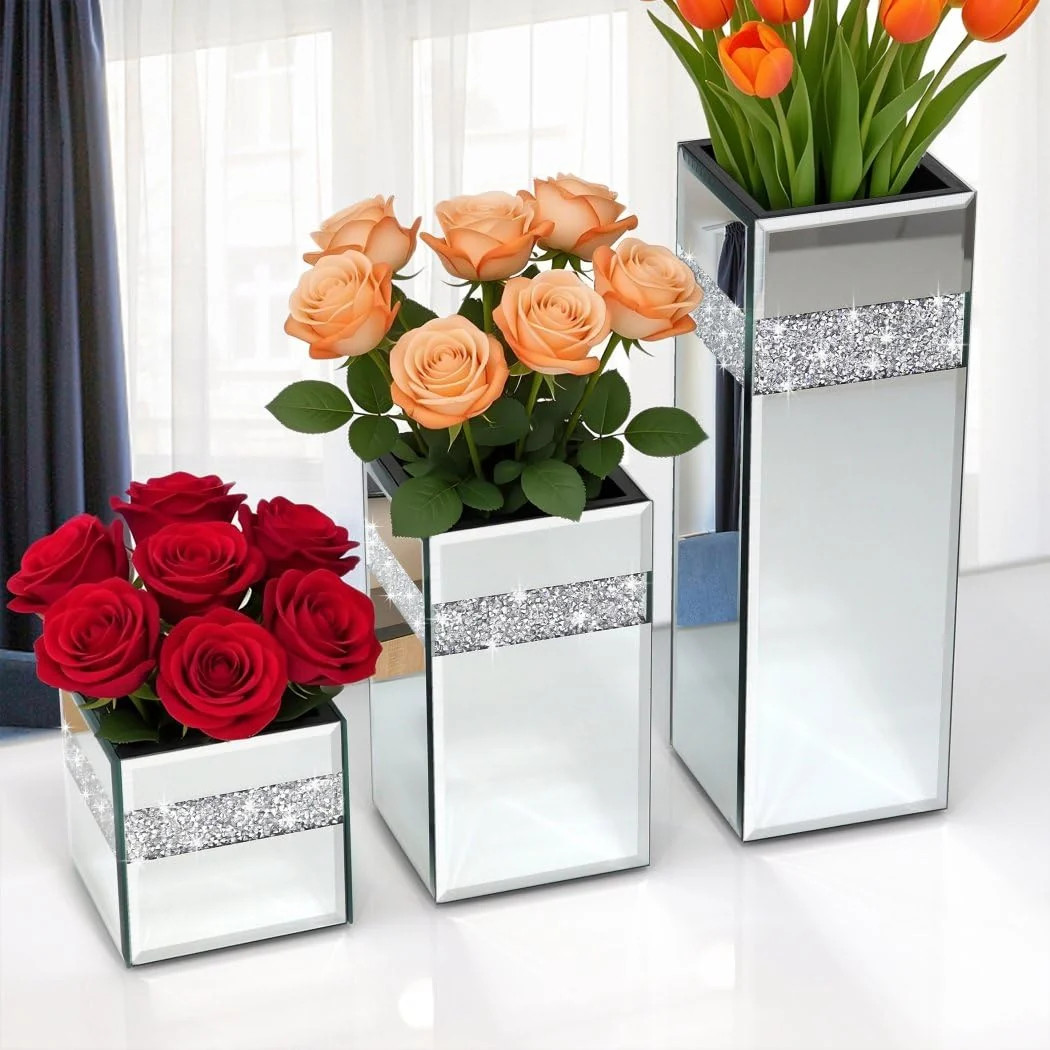 ALLARTONLY Crushed Diamond Mirrored Vase Pack of 3 Pieces